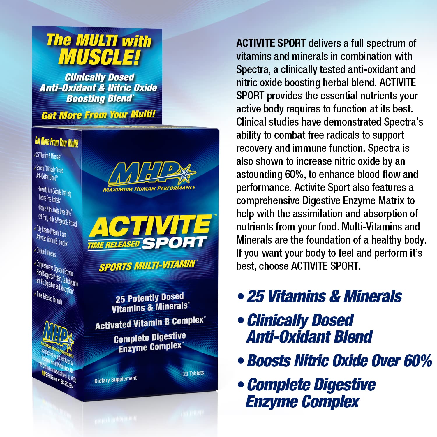 MHP Activite Sport Multi Vitamin, 25 Vitamins and Minerals, Nitric Oxide Booster, Digestive Enzymes, Antioxidants, 120 Tablets Maximum Human Performance Au supplements