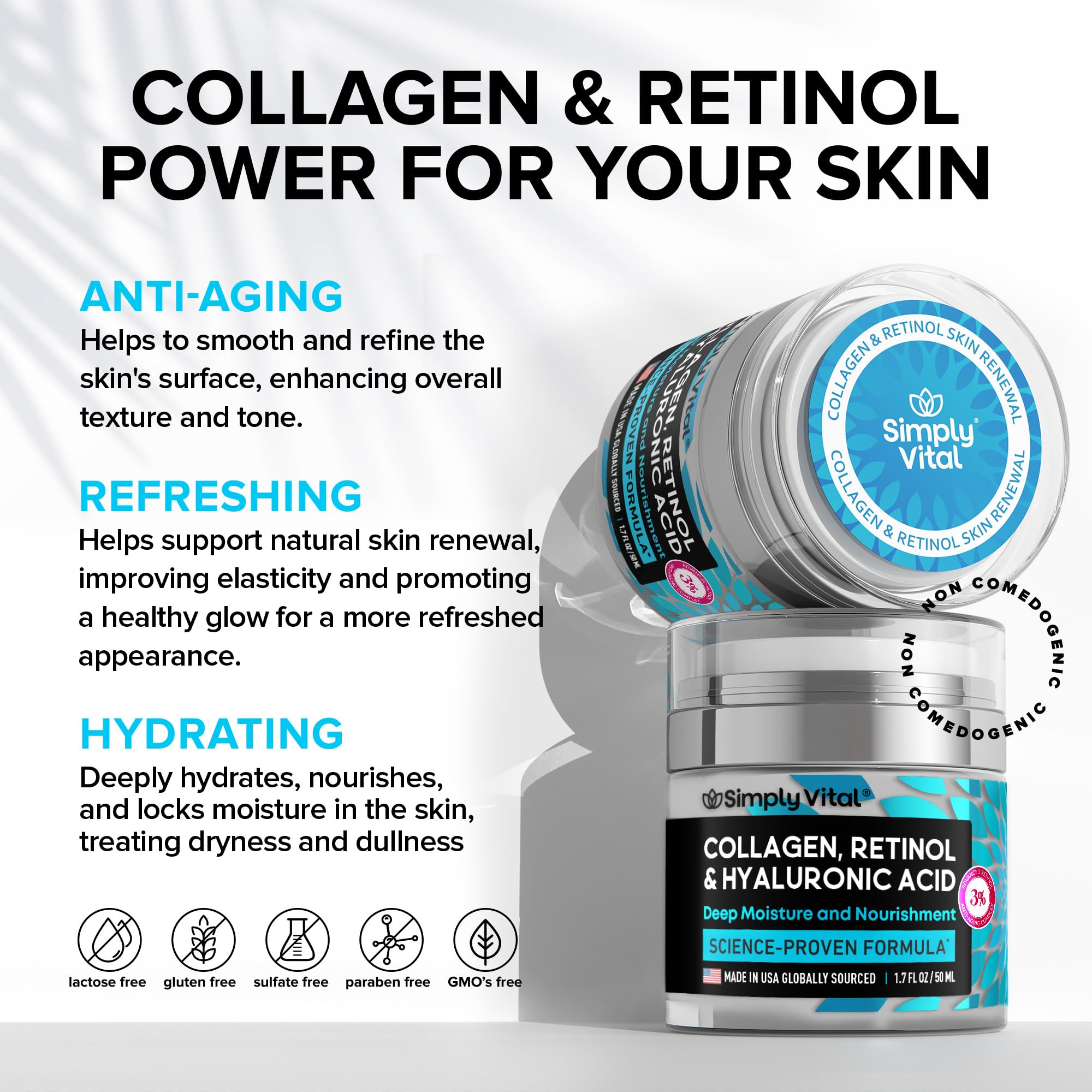 Anti-Aging Face Moisturizer with Retinol, Collagen & Hyaluronic Acid - Made in USA - Moisturizer Face Cream for Women & Men - Firming & Hydrating Neck Cream - Day & Night Skin Care - 1.7 fl oz SimplyVital Au supplements