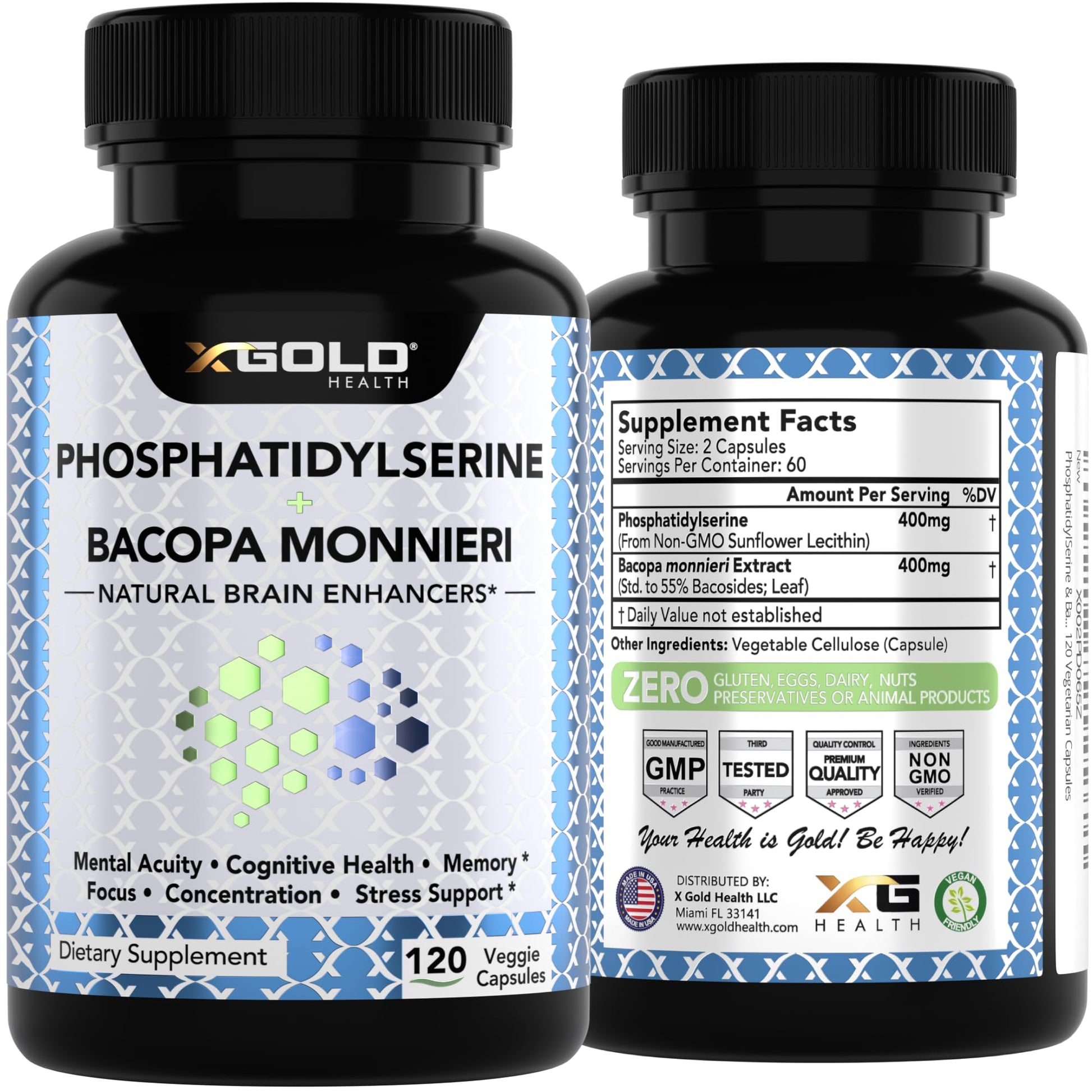 PhosphatidylSerine & Bacopa Monnieri 800 mg 2 in 1 Supplement - Natural Brain Enhancer/Nootropic for Enhanced Focus and Concentration, Memory Support, & Cognitive Function - 120 Vegetarian Capsules X Gold Health Au supplements