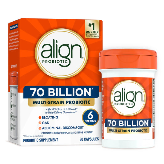 Align Probiotic, 70 Billion CFU, 6 Strain Blend, Probiotics for Women and Men, Daily Probiotics for Digestive Health, Helps Relieve Occasional Bloating & Gas 30 Capsules AlignAU supplements