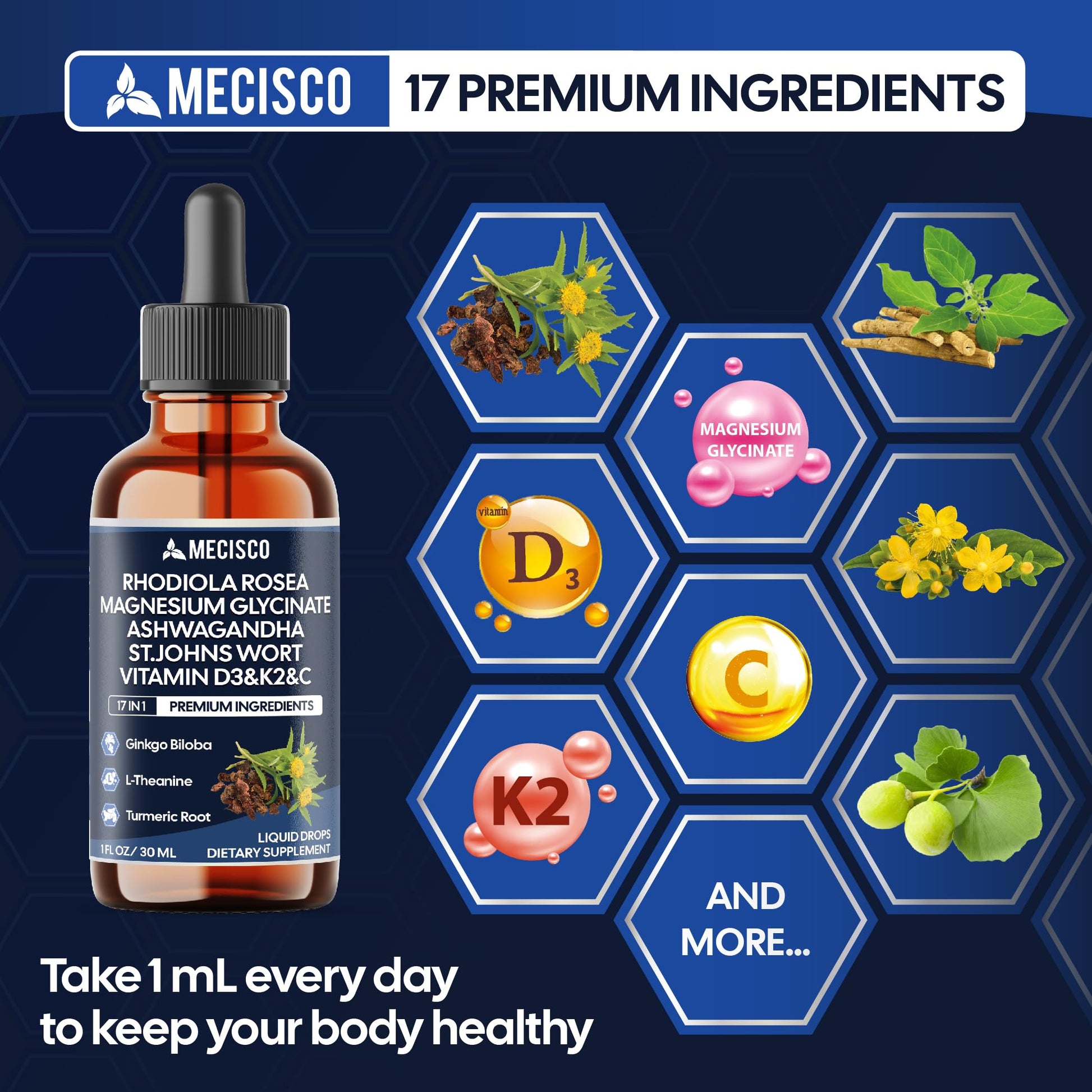 17in1 Rhodiola Rosea Liquid Drops with blend Ashwagandha Magnesium, L-Theanine. Ultra Strength Rhodiola Cortisol Supplement, Rhodiola Root for Support Relaxation, Mood, Energy - 1 FL Oz - 60 Day Mecisco Au supplements