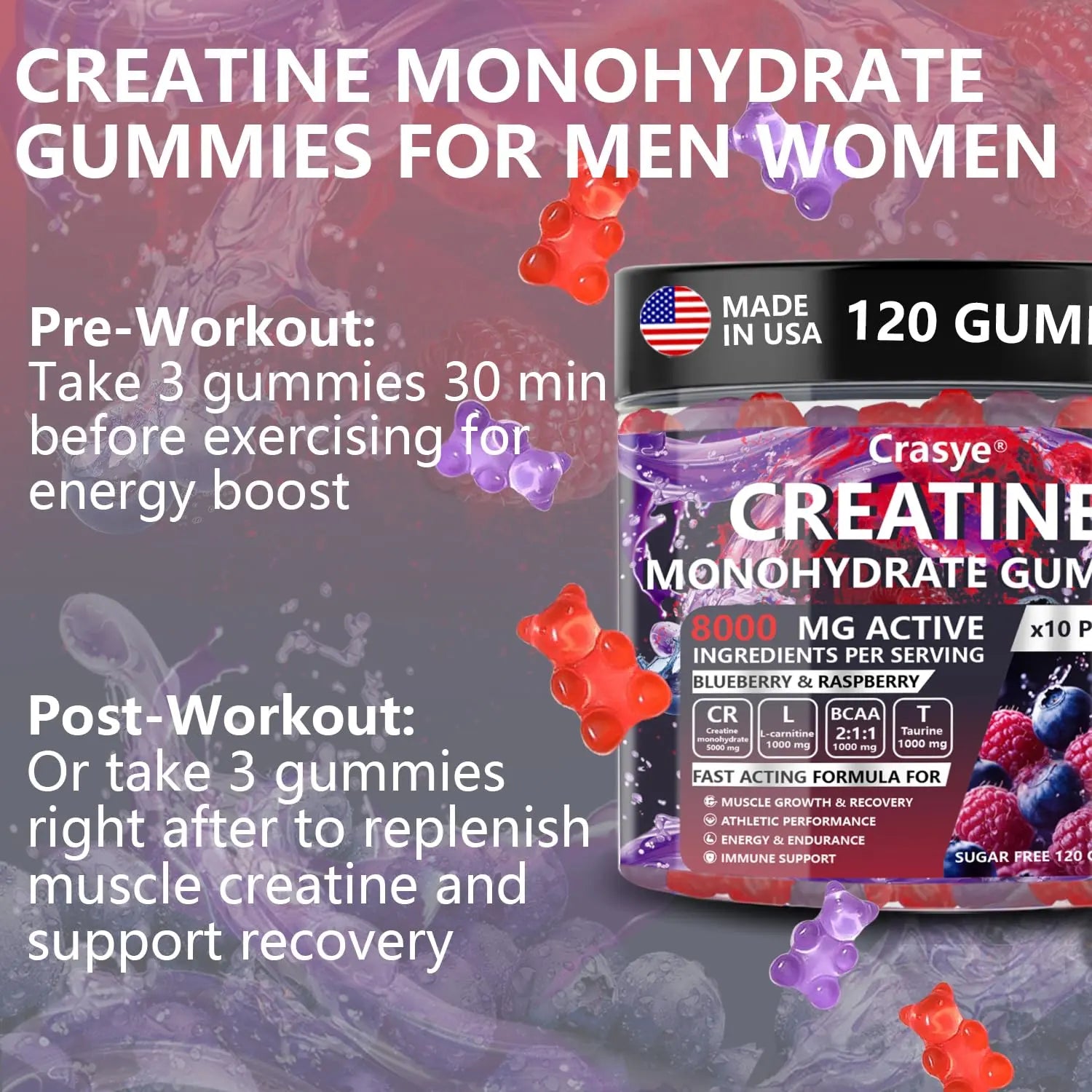 Crasye Creatine Gummies Complex 8000mg for Men and Women Creatine Monohydrate Gummy with BCAA Taurine for Muscle Strength and Energy Boost Sugar Crasye Au supplements