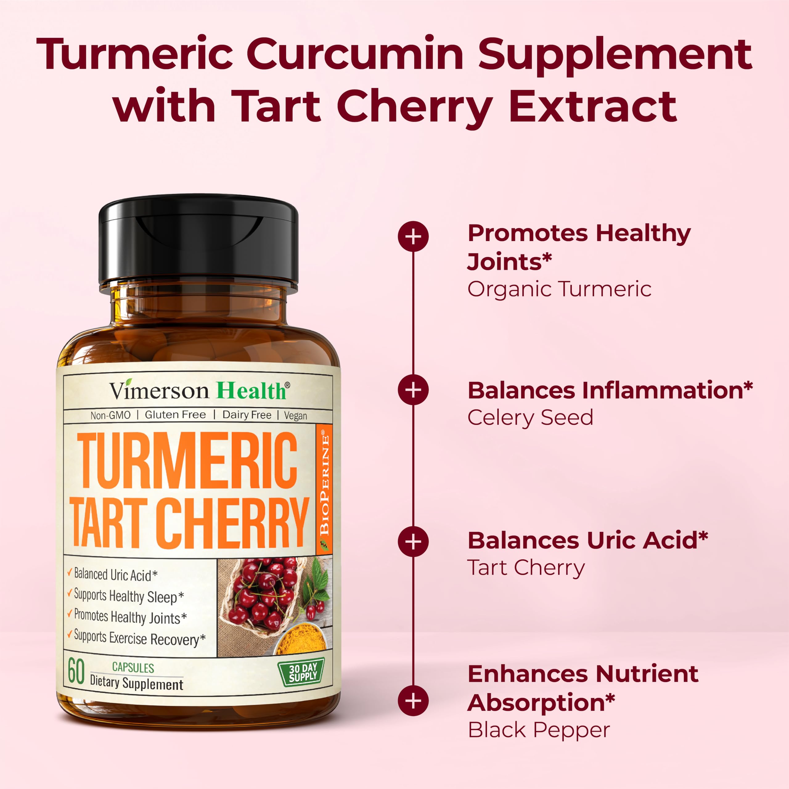 Turmeric Curcumin Supplement with 10:1 Tart Cherry Extract & Celery Seed Extract – Natural Uric Acid Balance, Joint Health & Sleep Aid – Turmeric Curcumin with Black Pepper – 60 Tart Cherry Capsules Vimerson Health Au supplements