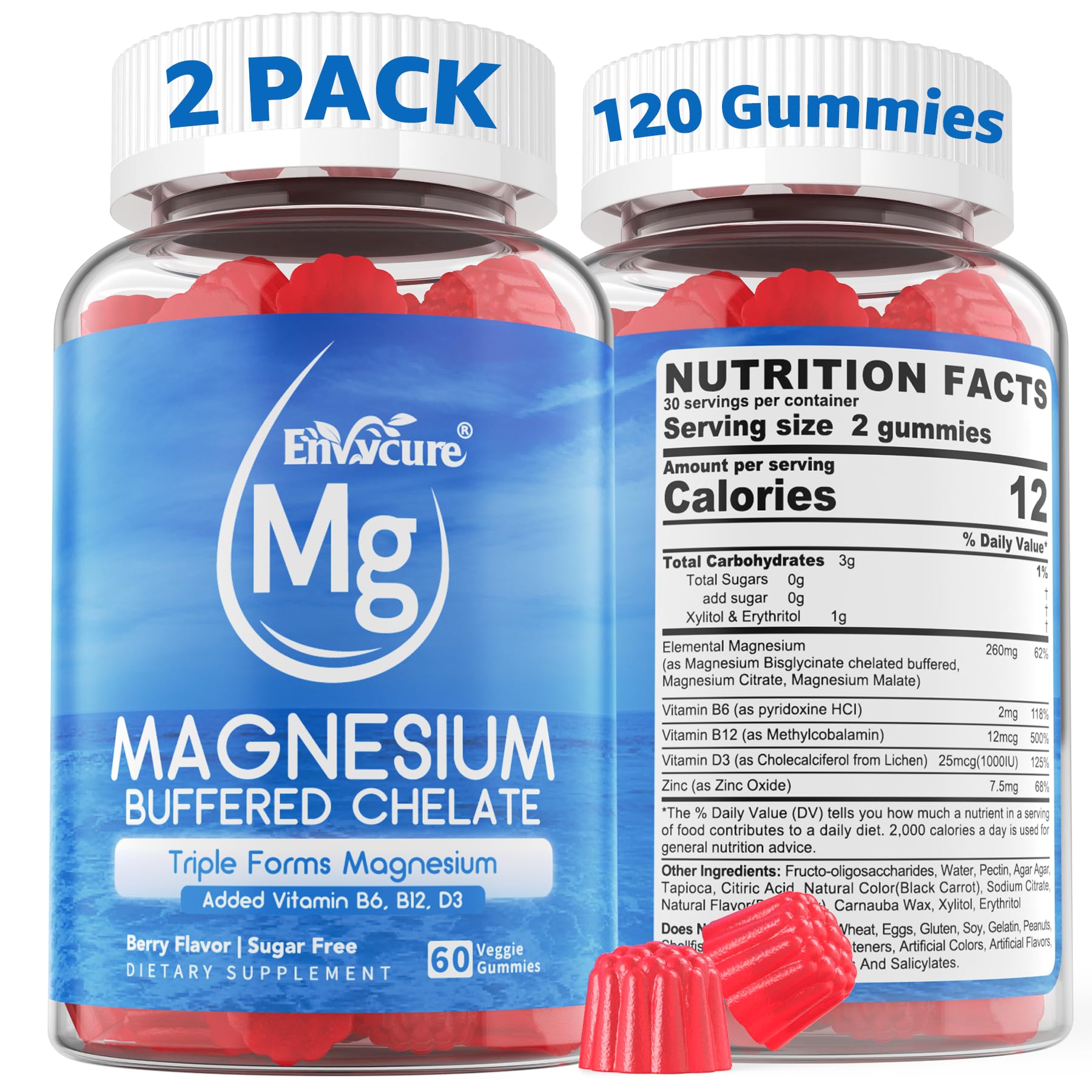 Magnesium Gummies - Triple Magnesium Complex, Magnesium Glycinate Gummies | Magnesium Glycinate, Malate, Citrate w/ D3 B6 B12, for Calm, Sleep & Muscle Cramp | High Absorption | Vegan, 2 Pack EnvyCure Au supplements