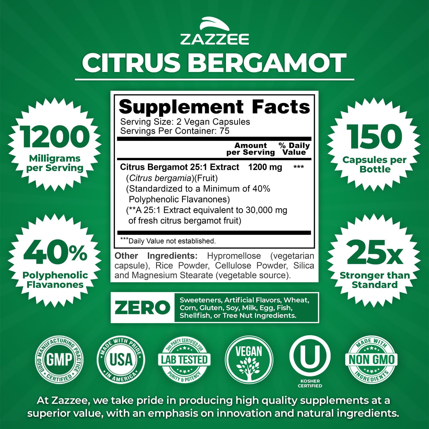 Zazzee Citrus Bergamot 25:1 Extract, 1200 mg Per Serving, 40% Polyphenolic Flavanones, 150 Vegan Capsules, 5 Month Supply, Citrus Bergamia, Antioxidant Support, Certified Kosher, Non-GMO, Made in USA Zazzee Au supplements