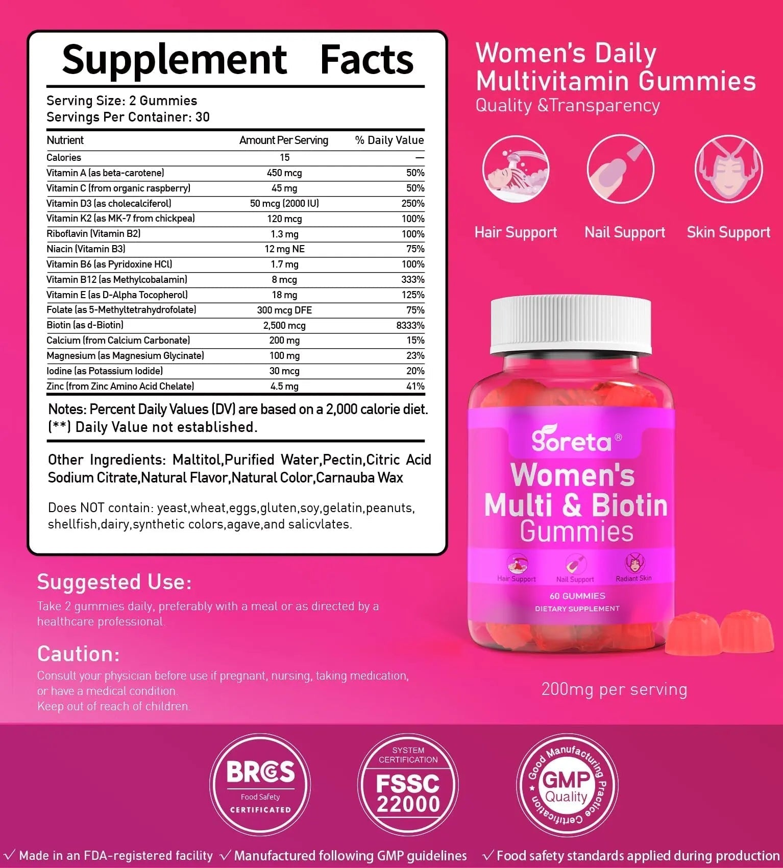 Goreta Women’s Multivitamin Gummies with Biotin 2,500 mcg – 15 Key Nutrients, Sugar-Free Mixed Berry, Pectin-Based, 60 Count Goreta Au supplements
