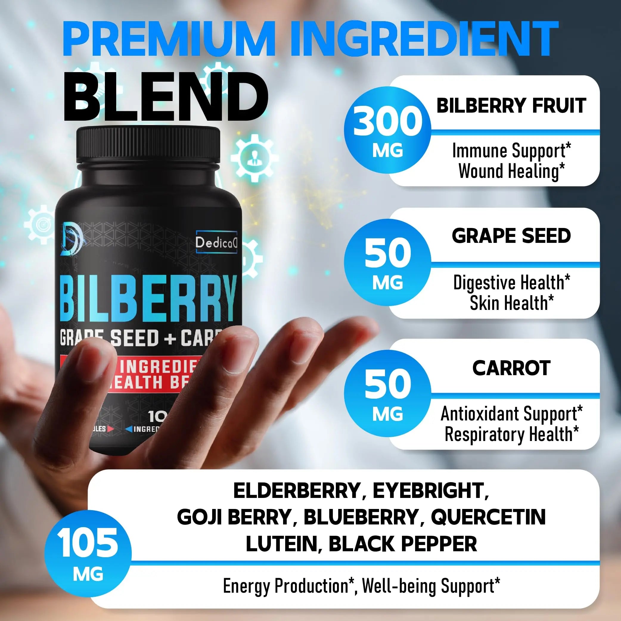 DEDICAD 20:1 Bilberry Extract Capsules - 5 Month Supply - Support Eyes, Vision & Heart Health - 10in1 Plus Grape Seed, Carrot, Elderberry, Eyebright & Others - 150 Counts DEDICAD Au supplements