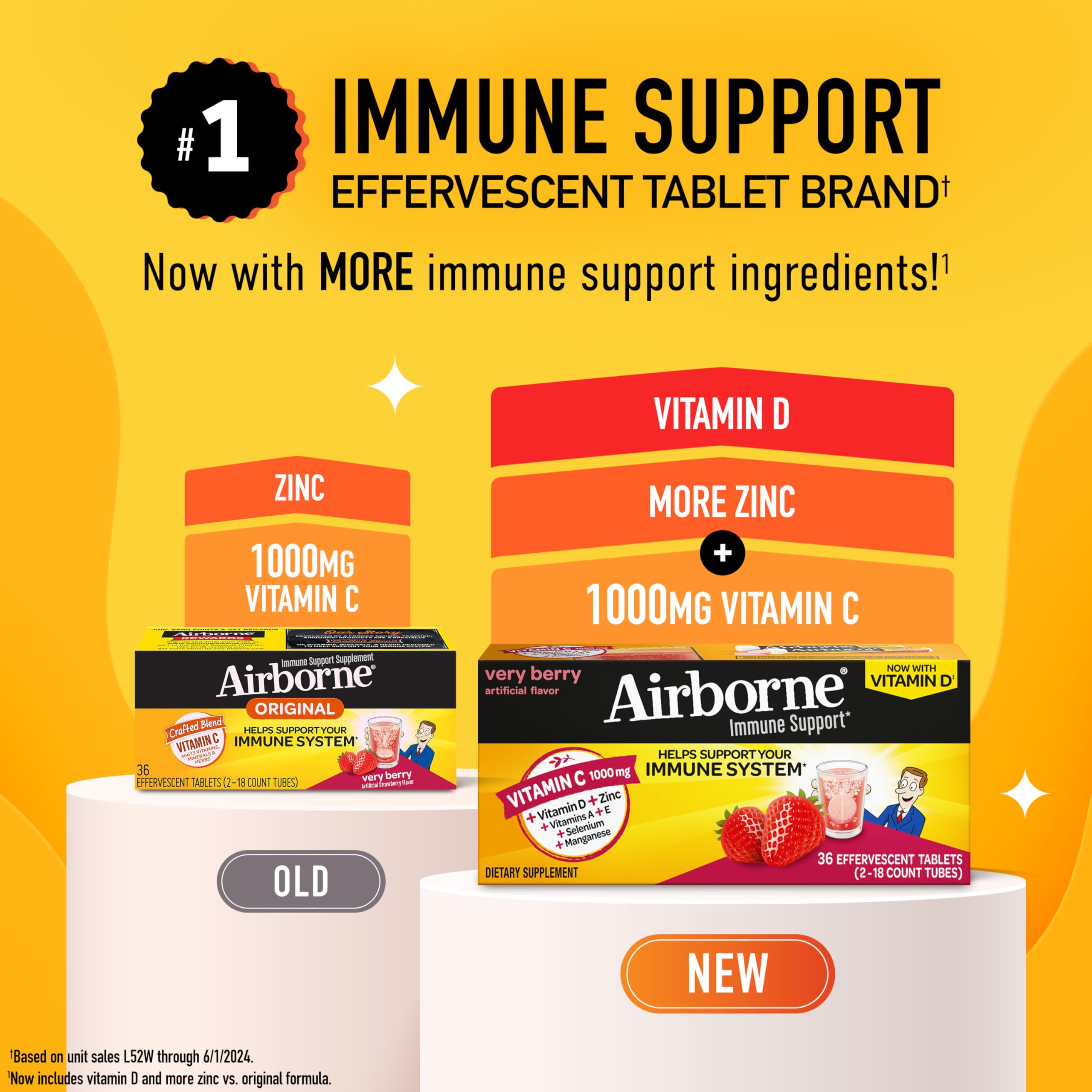 Vitamin C 1000mg (per serving) - Airborne Very Berry Effervescent Tablets (36 count in a box), Gluten-Free Immune Support Supplement, With Vitamins A C E, ZINC, Selenium, Echinacea & Ginger Airborne Au supplements