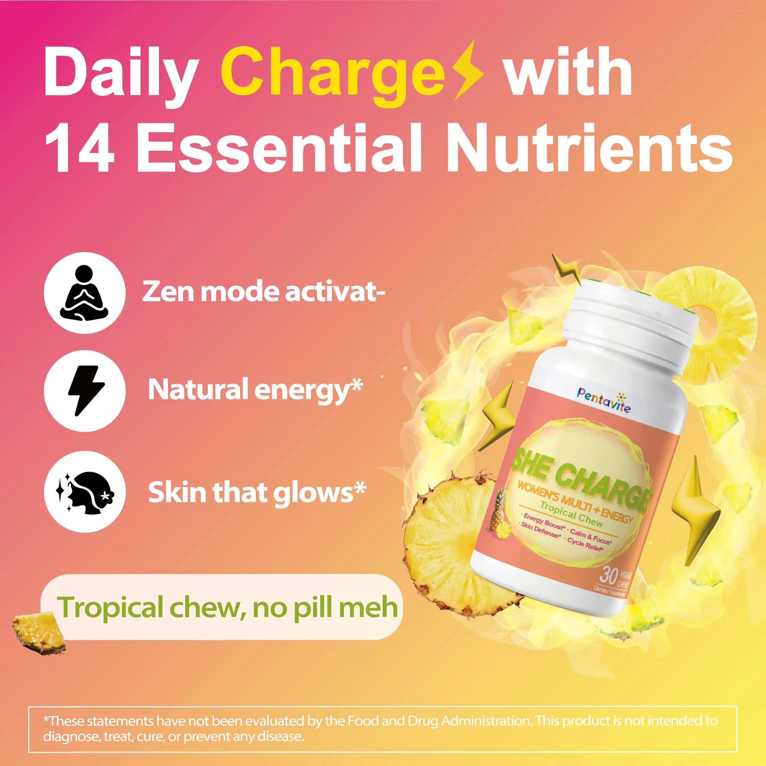 Pentavite She Charge Multivitamin for Women, Pineapple Tropical Chew, Daily Vitamin Supplements with Folate, Support Energy, Calm & Focus, Skin Defense and Cycle Pentavite Au supplements