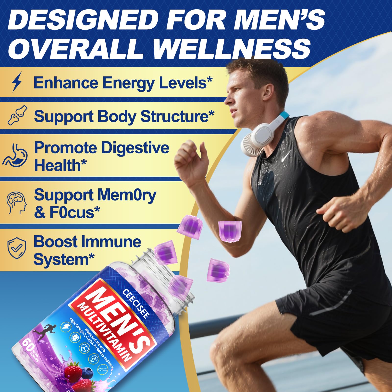 Ceecisee Men’s Methylated Multivitamin Gummies: Chewable Multivitamins Mens Gummy with Omega Probiotic Magnesium Zinc Vitamins B12 D3 - No Iron Daily Supplement Support Energy Immune for Men(120Count) Ceecisee Au supplements