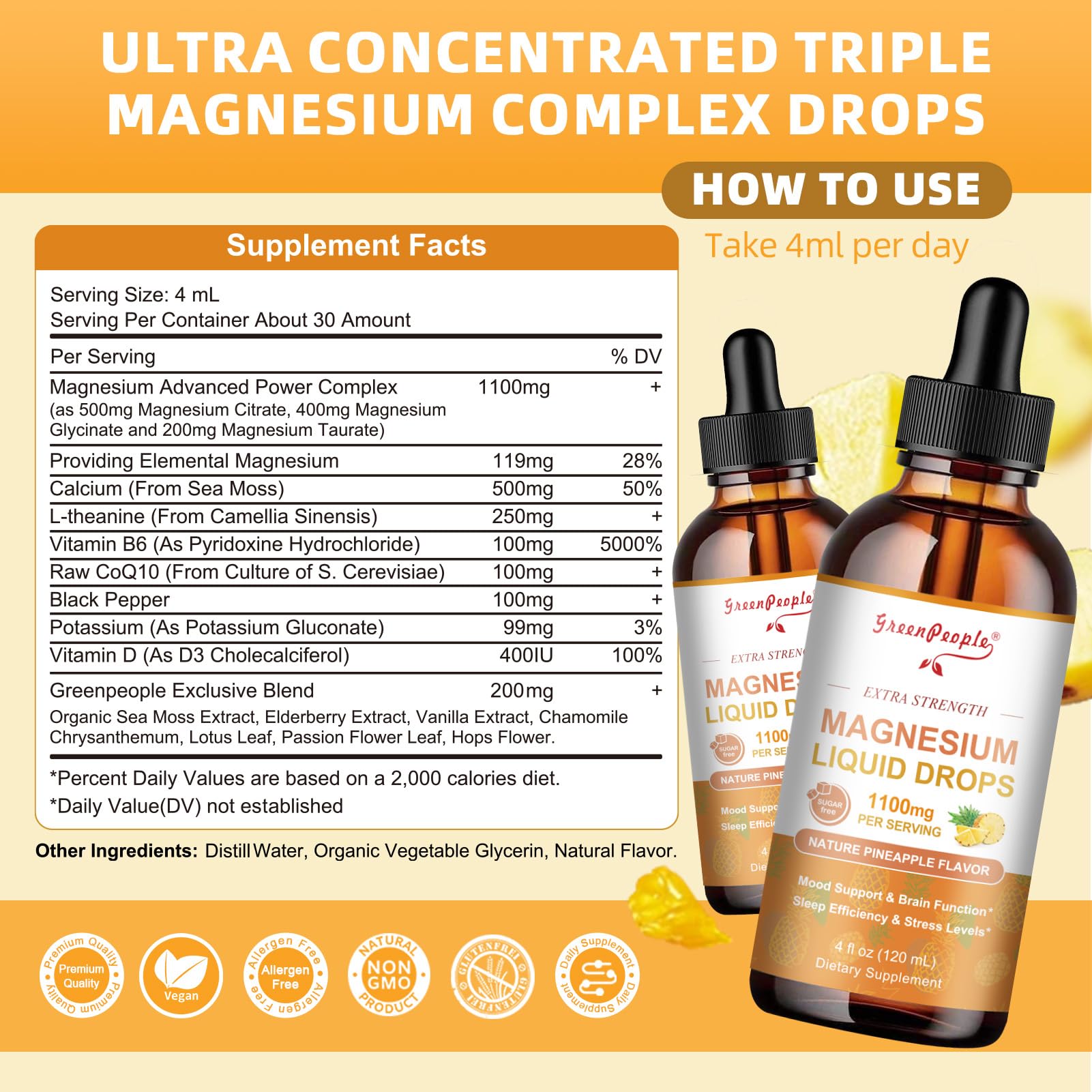 GREENPEOPLE Magnesium Glycinate Liquid Drop - 17-in-1 4Fl. Oz Triple Magnesium Complex Supplement with Glycinate 400mg & Citrate 500mg Taurate/L-Theanine for Calm Mood/Muscle/Sleep,Pineapple Flavor GREENPEOPLE Au supplements