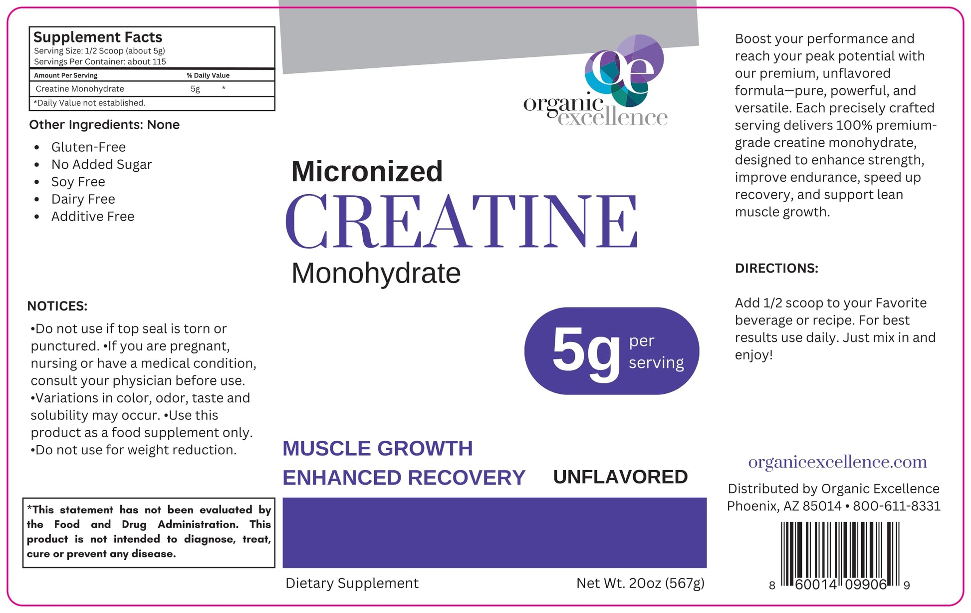 Organic Excellence Creatine Monohydrate – Micronized Creatine Powder for Muscle Growth, Strength & Recovery – Unflavored, 115 Servings Organic Excellence Au supplements
