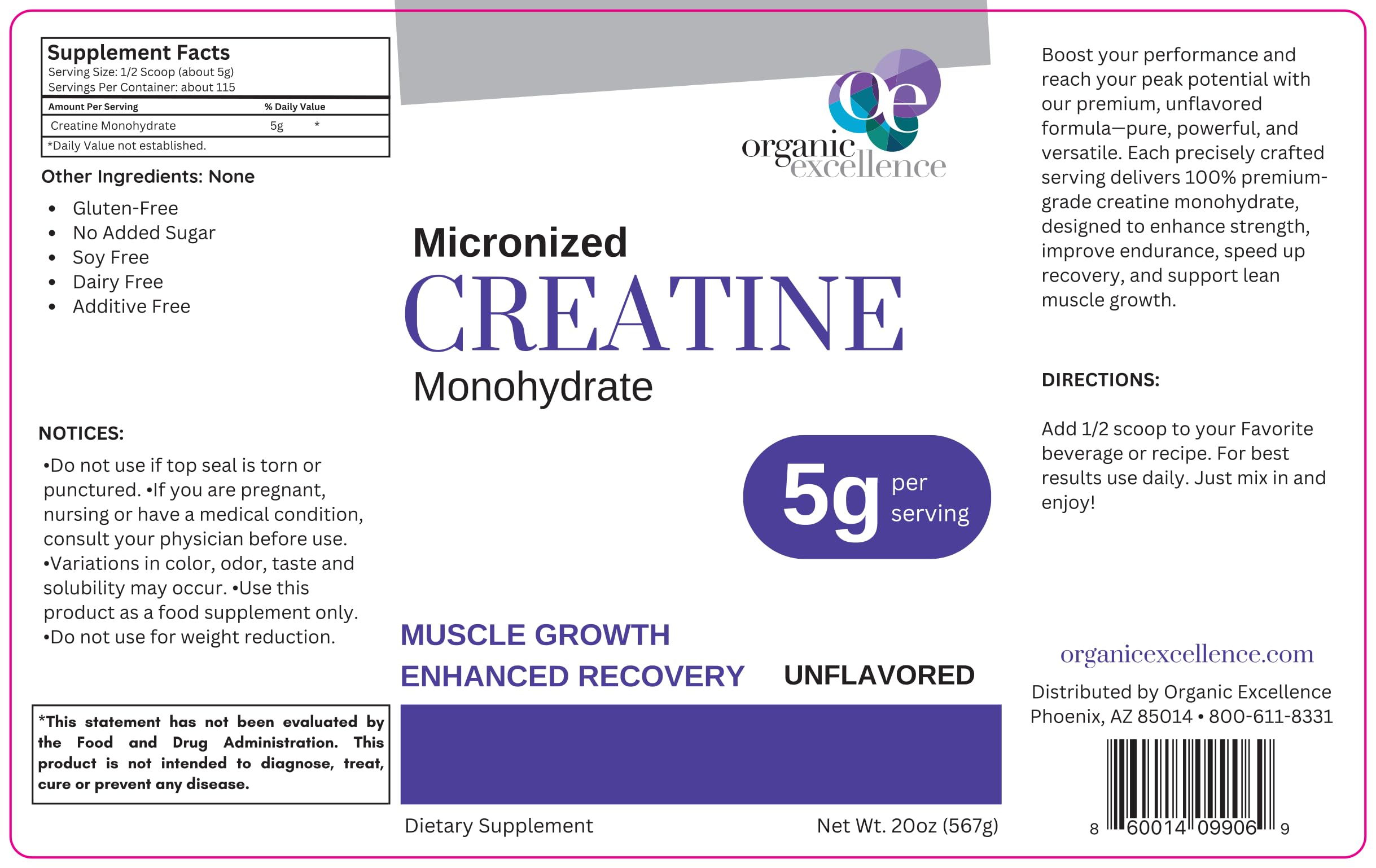 Organic Excellence Creatine Monohydrate – Micronized Creatine Powder for Muscle Growth, Strength & Recovery – Unflavored, 115 Servings Organic Excellence Au supplements