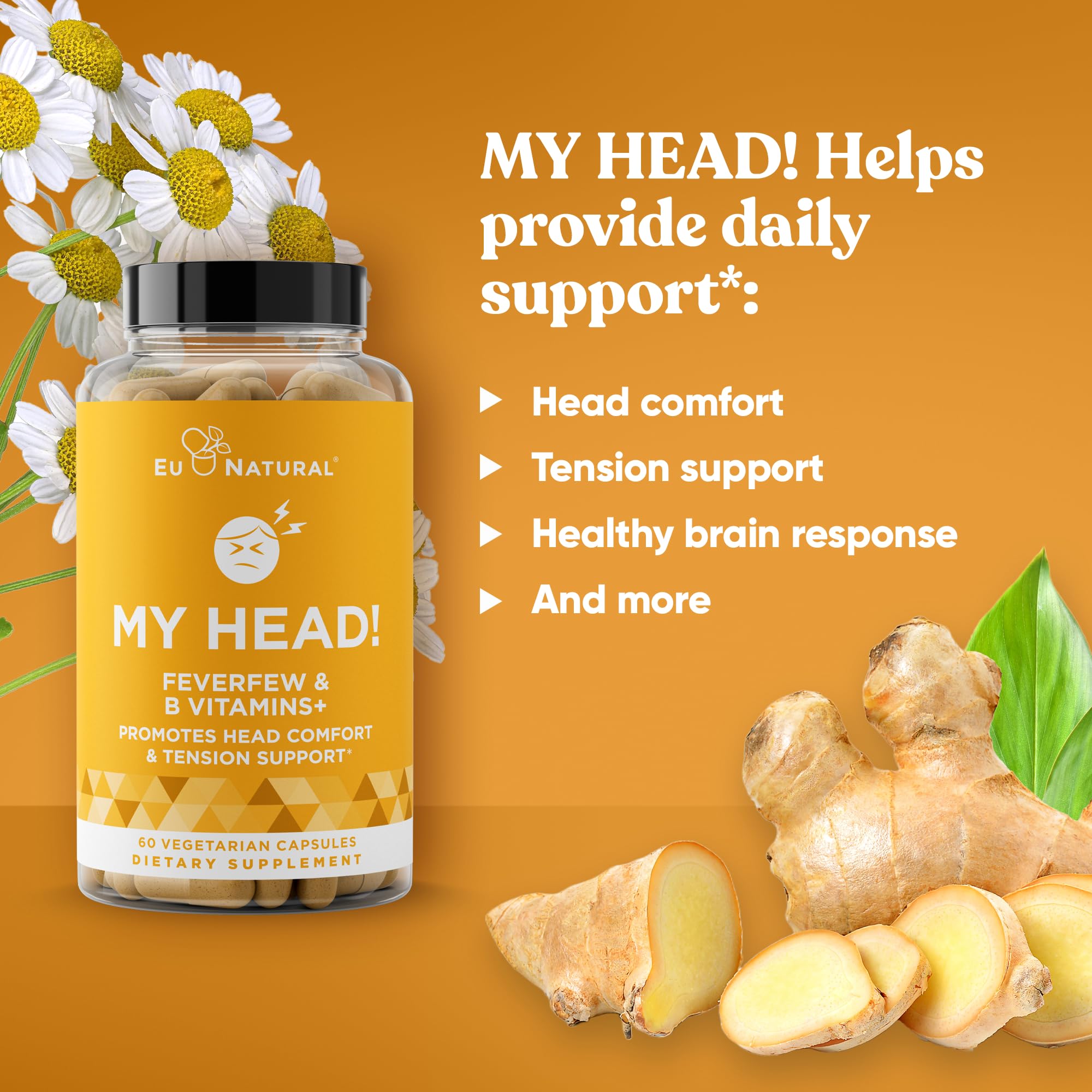 My Head! Headache Vitamins – Sensitivity, Tension, Comfort, Healthy Head Function for A Clear Mind – Fast acting Magnesium, Feverfew, Boswellia, Vitamin D, Ginger, & More – 60 Soft Capsules Eu Natural Au supplements
