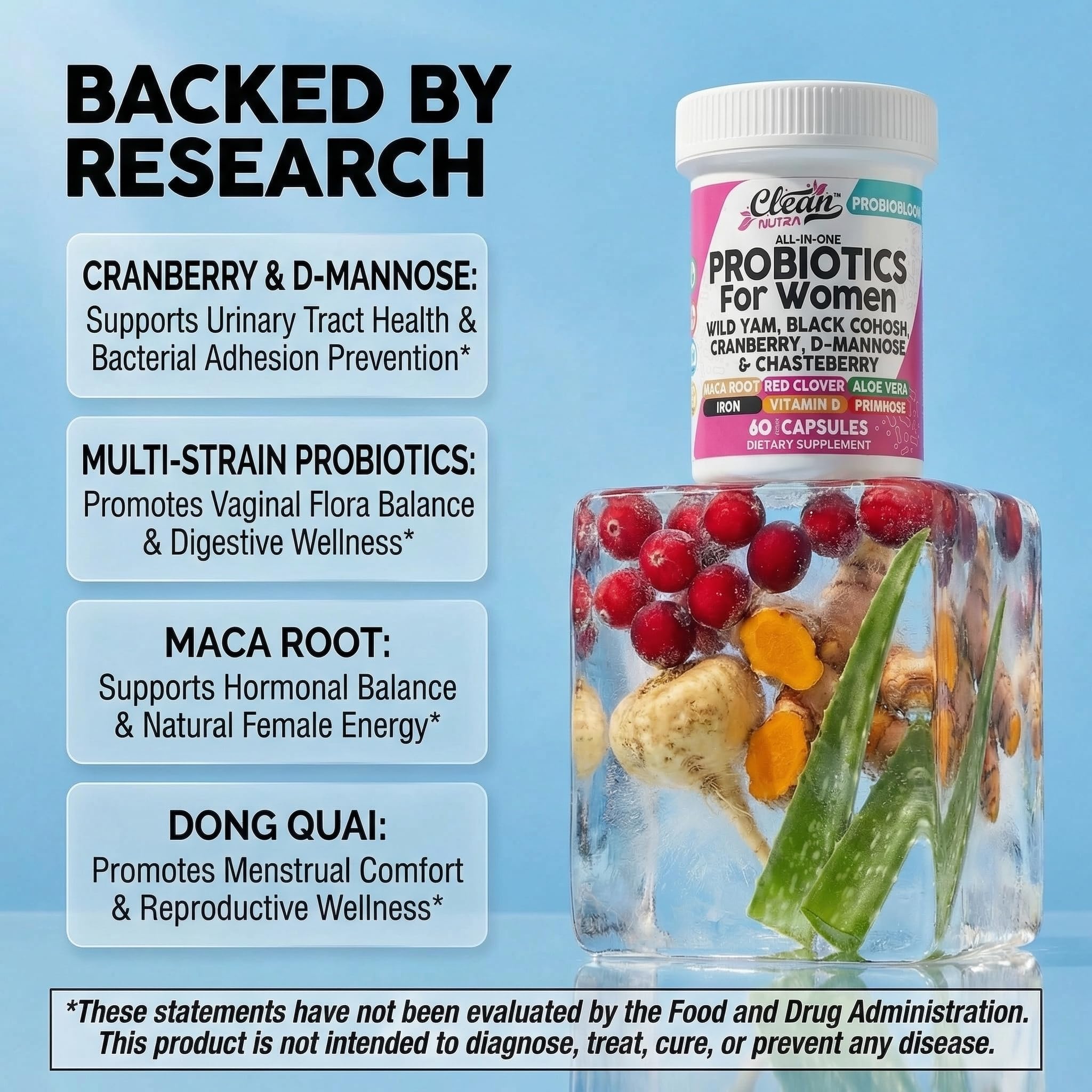Clean Nutraceuticals Probiotics for Women with D Mannose, Cranberry Extract, Wild Yam, Chasteberry - 20 Probiotic and Prebiotic Strains - PH Balance, Womens Probiotic for Digestive Health - 60 Count Clean Nutraceuticals Au supplements