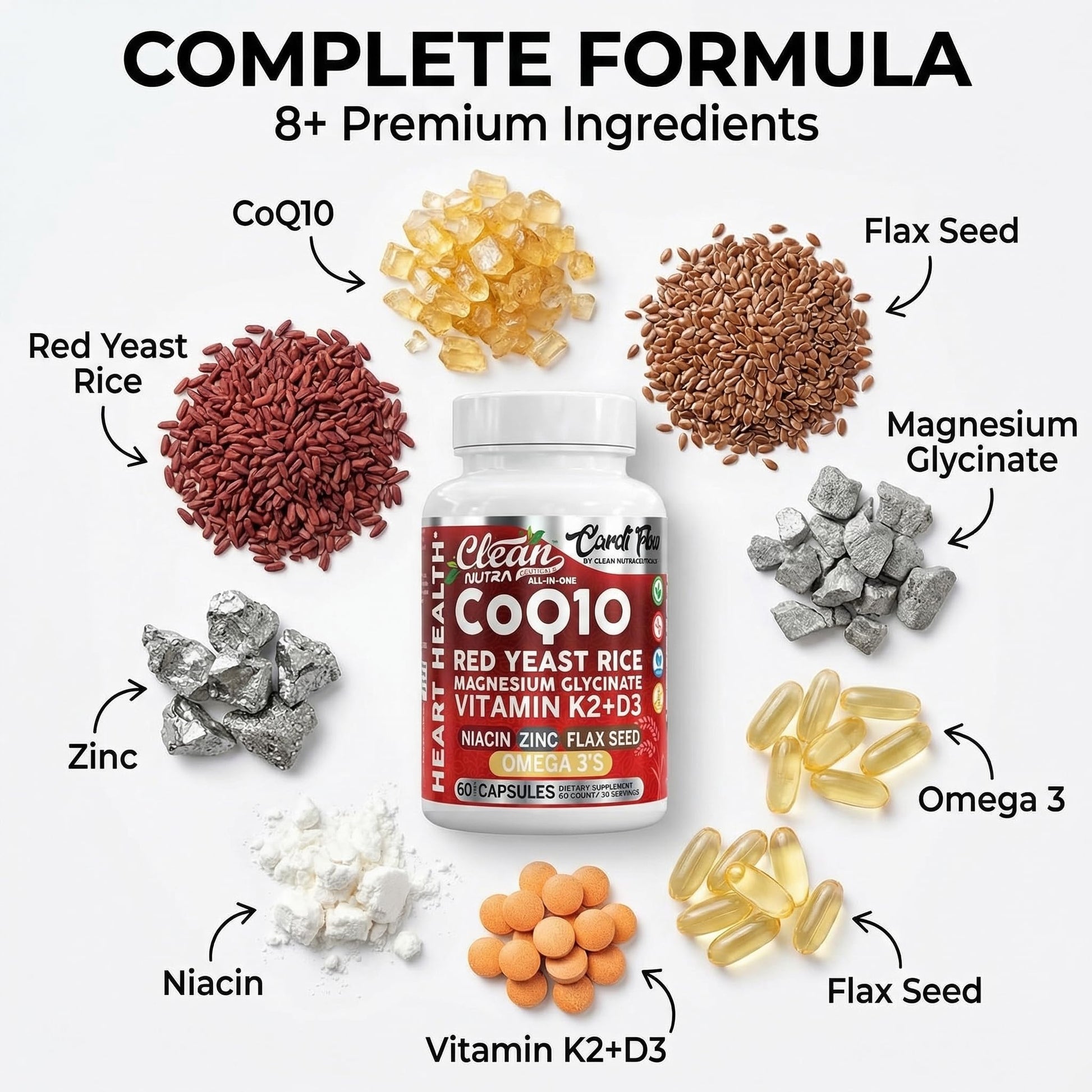 Clean Nutra CoQ10 Red Yeast Rice Magnesium Glycinate Vitamin K2 D3 Niacin Zinc Flax Seed Omega 3 Capsules 60 Count All in One Formula Premium Ingredients Dietary Supplement Clean Nutraceuticals Au supplements