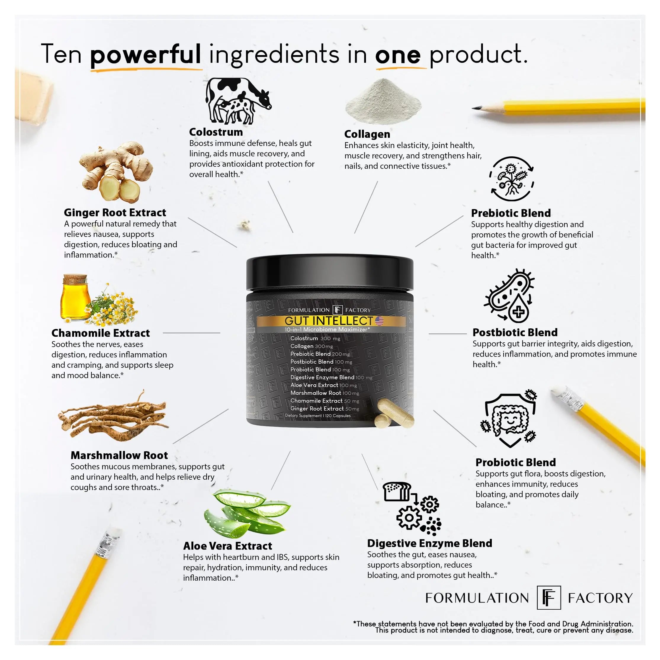 Formulation Factory Probiotics for Women & Men - Gut Intellect 10-in-1 Digestive Enzymes with Prebiotics and Postbiotics - Total Gut Health Supplement - 120 Capsules, 2 Month Supply Formulation Factory Au supplements