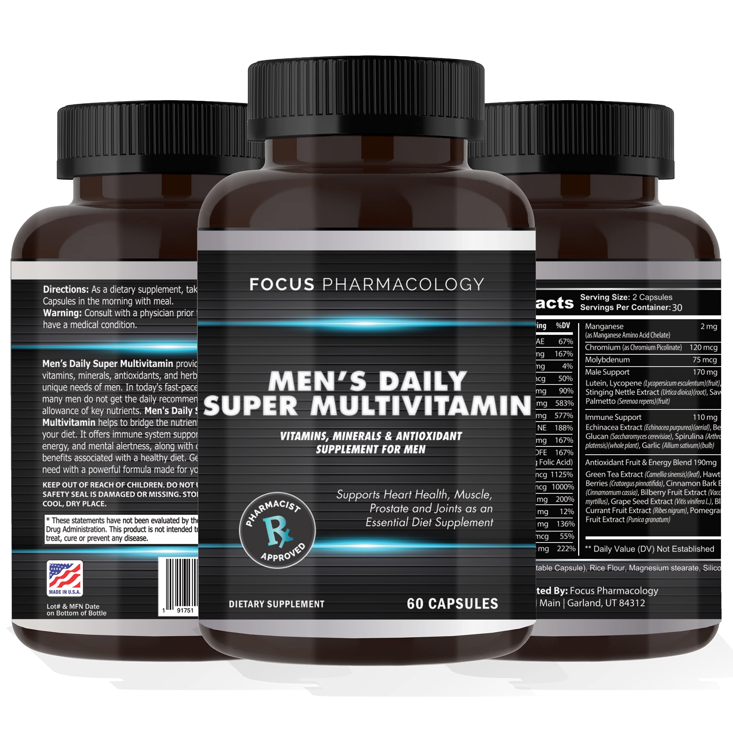 Focus Pharmacology Men's Daily Super Multi-Vitamin for Men - 60 Ct Blend of Vitamins, Minerals, Plus Herbs for Prostate Health and General Energy/Focus Focus Pharmacology Au supplements