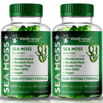 WELLNESS LABSRX Sea Moss Gummies, 3200mg Irish Sea Moss Mixed Berry Flavor with Maximum Potency Bladderwrack and Burdock Root - Supports Skin, Energy and Immunity - 180 Count WELLNESS LABSRX Au supplements