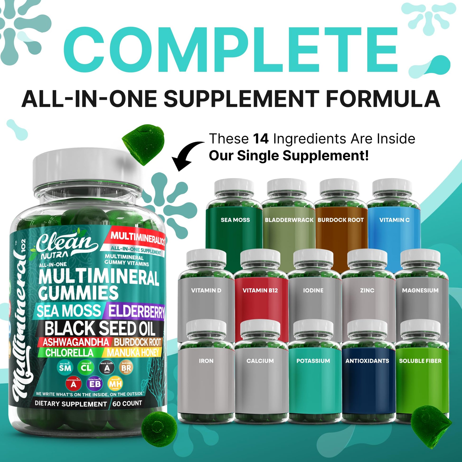 Sea Moss Gummies | Clinically Tested - Black Seed Oil Ashwagandha Elderberry Burdock Root Chlorella Manuka Honey - Vegan Irish Sea Moss Gummy Vitamins for Adults Kids Men Women - Green Apple Flavor Clean Nutraceuticals Au supplements