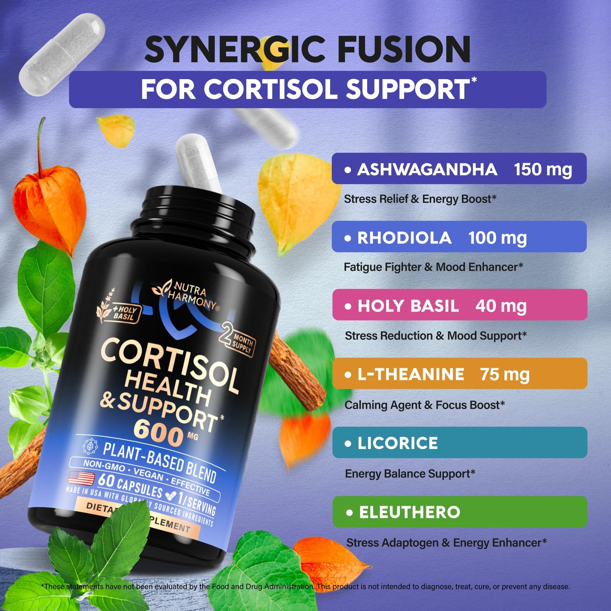 Cortisol Supplement for Women - Holy Basil | Ashwagandha | Rhodiola | L-Theanine - Plant-Based Hormone Balance - Mood, Focus & Sleep Support - Made in USA - Vegan, Non-GMO - 60 Capsules for 2 Months NUTRAHARMONY Au supplements