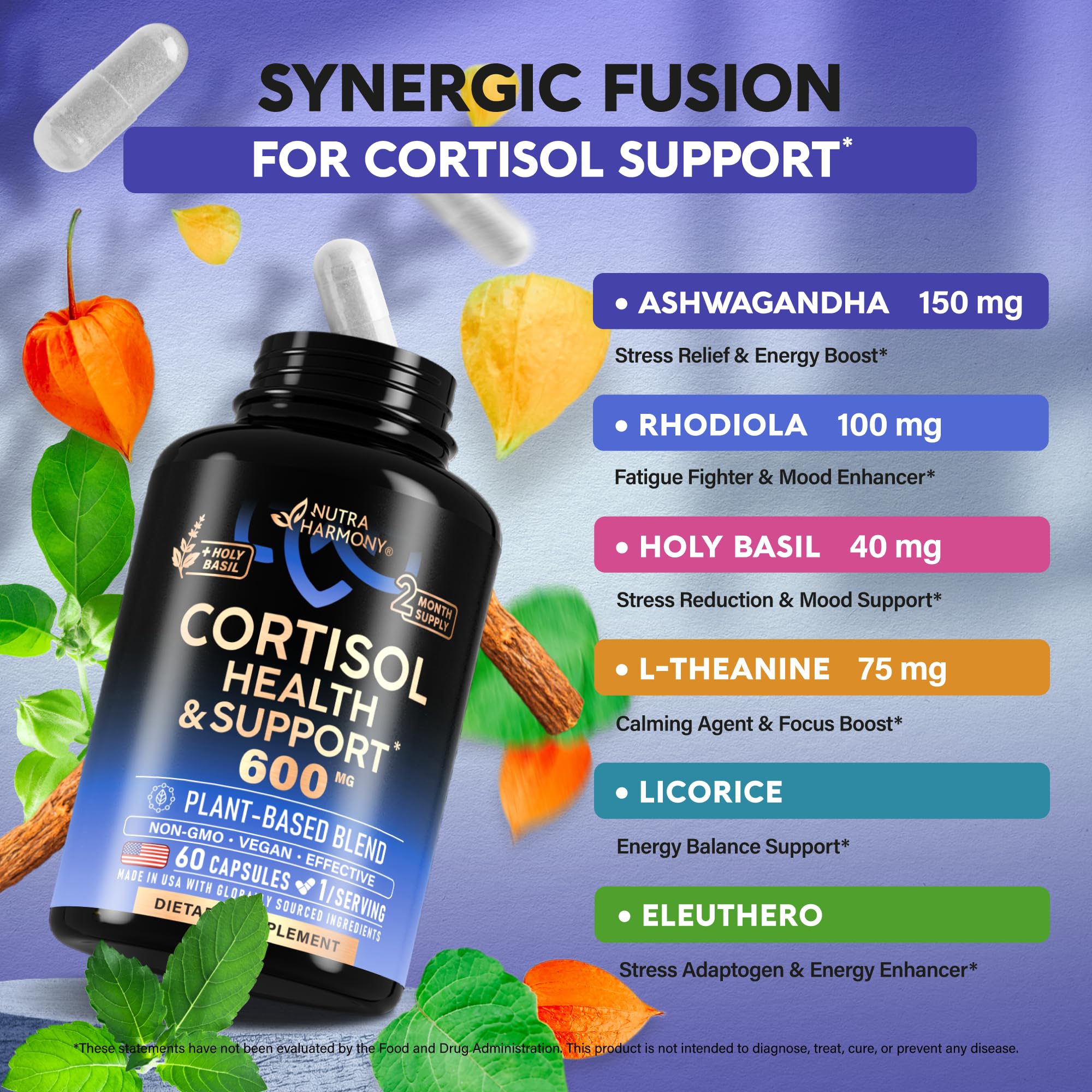 Cortisol Supplement for Women - Holy Basil | Ashwagandha | Rhodiola | L-Theanine - Plant-Based Hormone Balance - Mood, Focus & Sleep Support - Made in USA - Vegan, Non-GMO - 60 Capsules for 2 Months NUTRAHARMONY Au supplements