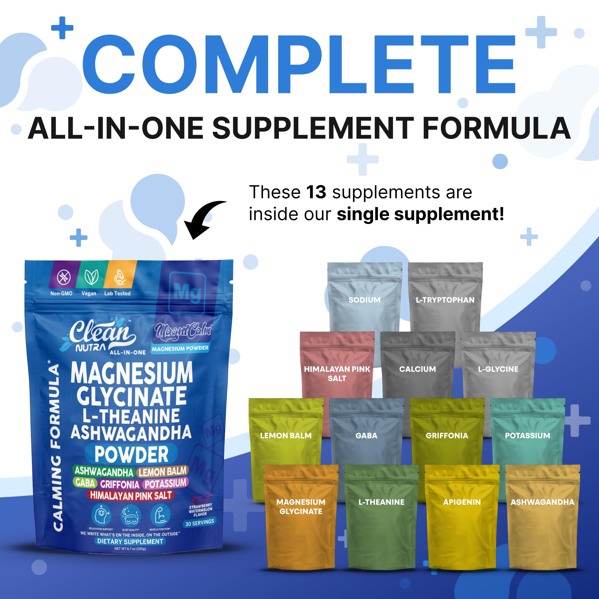 Magnesium Glycinate Powder Supplement + L Theanine Ashwagandha Glycine Apigenin Lemon Balm GABA 5HTP Pink Salt Potassium L Tryptophan Calcium | Powdered Sleep Aid Calm Trace Minerals Vitamin Clean Nutraceuticals Au supplements