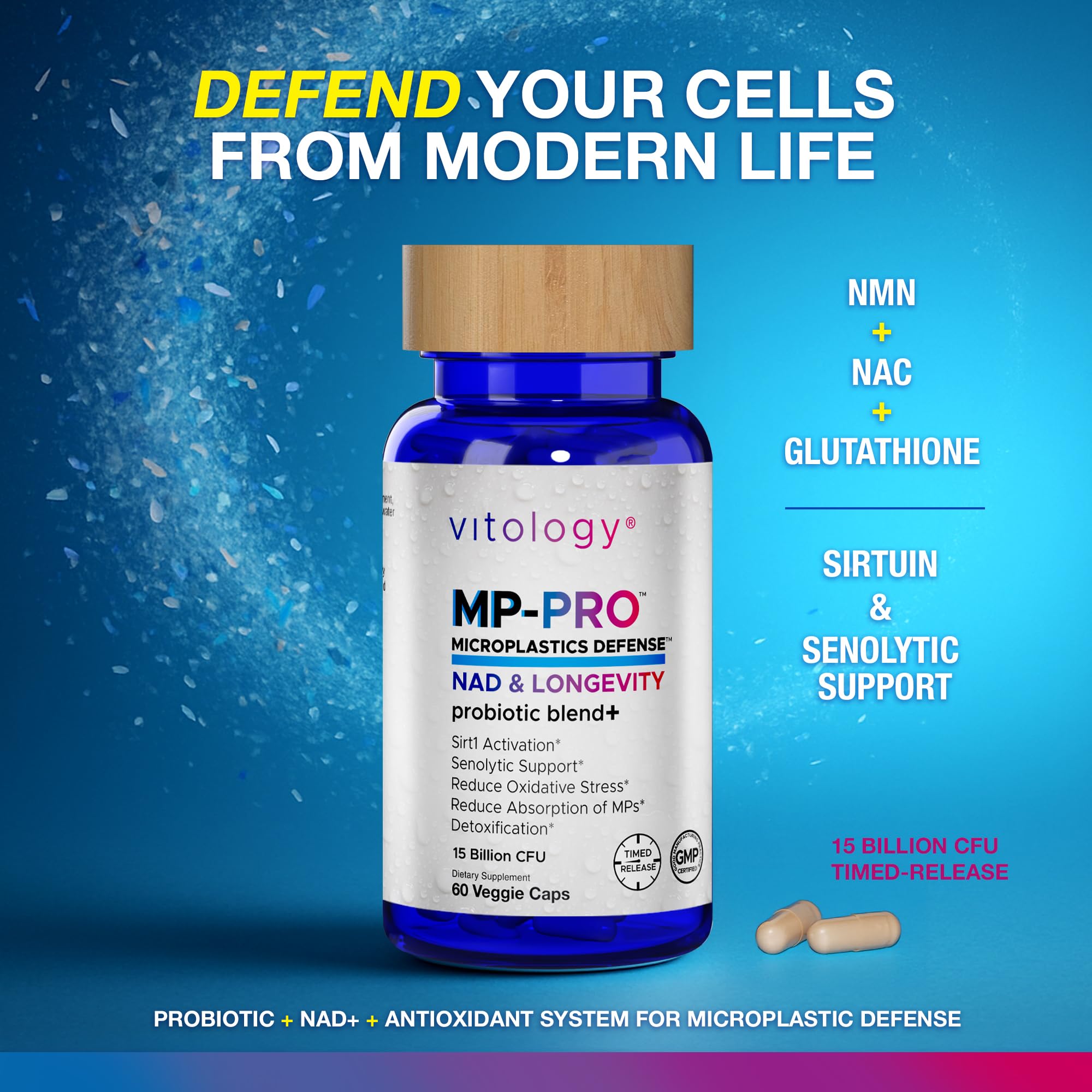 Vitology MP-PRO Microplastics Defense | 15 Billion CFU Probiotic + Antioxidant Blend | NMN, NAC, Glutathione, Resveratrol & Charcoal | Supports Cellular Detox, Longevity & Gut Health – 60 Capsules Vitology Au supplements