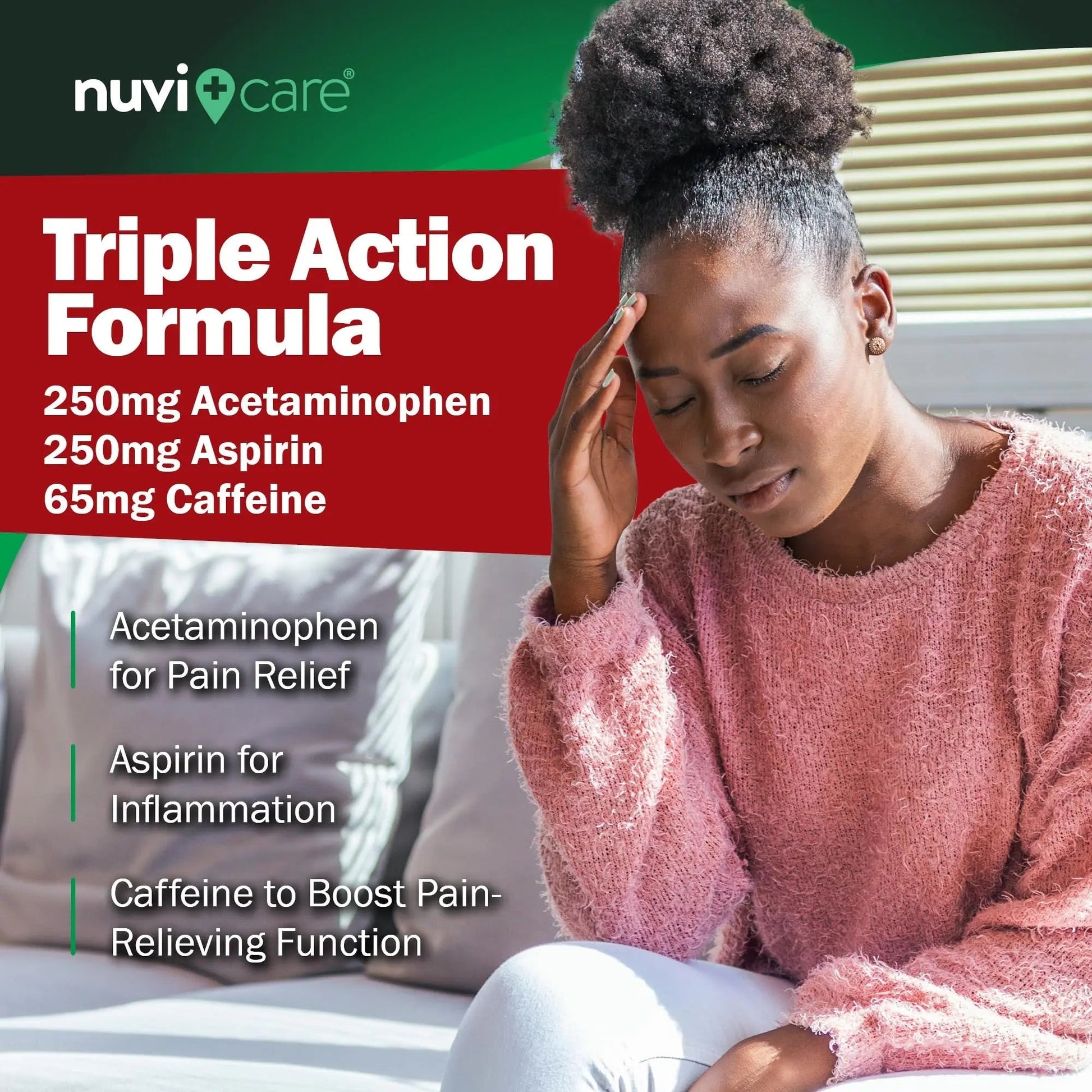 NUVICARE Headache Relief with Acetaminophen 250 mg, Aspirin (NSAID) 250 mg, Caffeine 65 mg - Temporary Relief of Minor Aches & Pains - Compare to Excedrin Extra Strength Pain Reliever (2 Pack) NUVICARE Au supplements