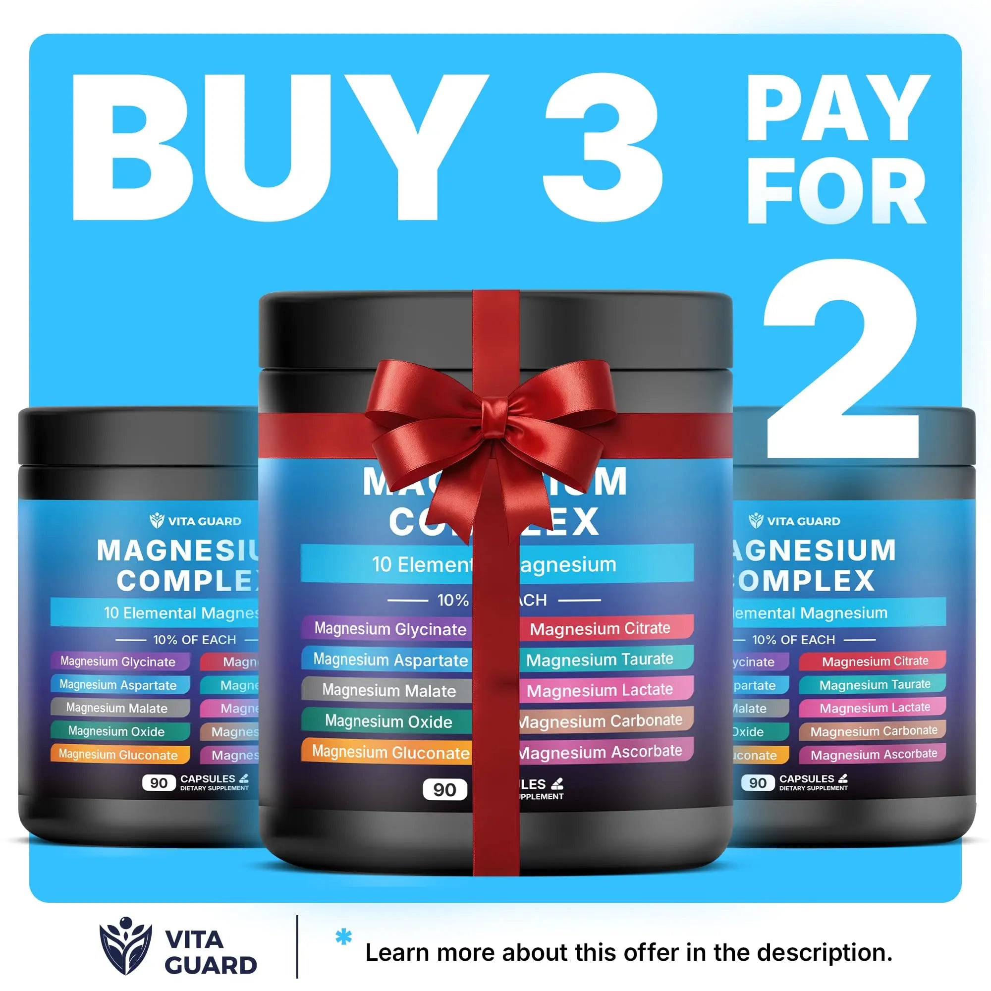 Vita Guard Magnesium Complex 1480mg – 10-in-1 with Glycinate, Citrate, Malate & More – High Absorption – Sleep, Muscle, Nerve & Heart Support – 90 Vegan Capsules – Non-GMO, Gluten-Free, No Sugar Vita Guard Au supplements
