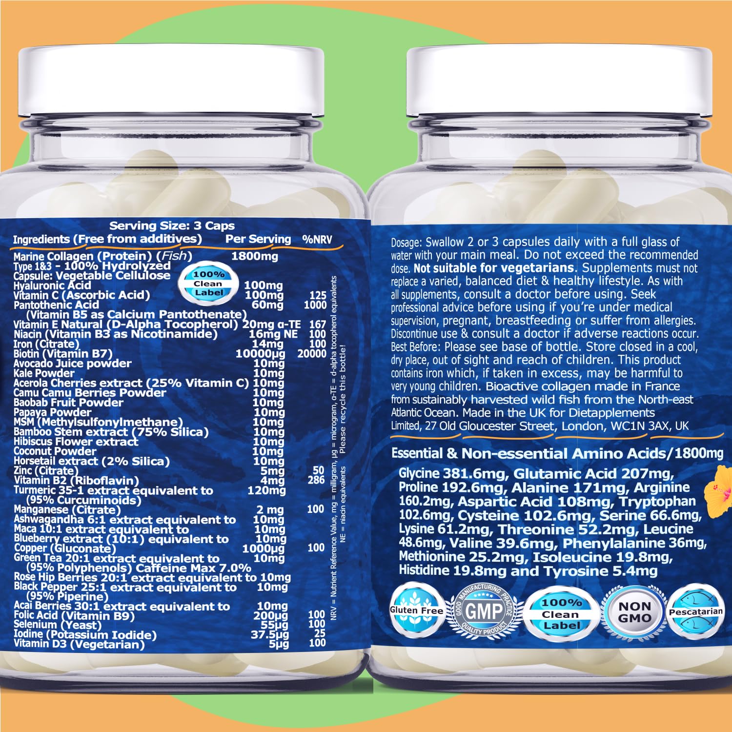 Marine Collagen Type1&3 1800mg, Biotin 10000mcg/serving, Hyaluronic Acid, Vitamins, Minerals, Botanicals Dietapplements Au supplements