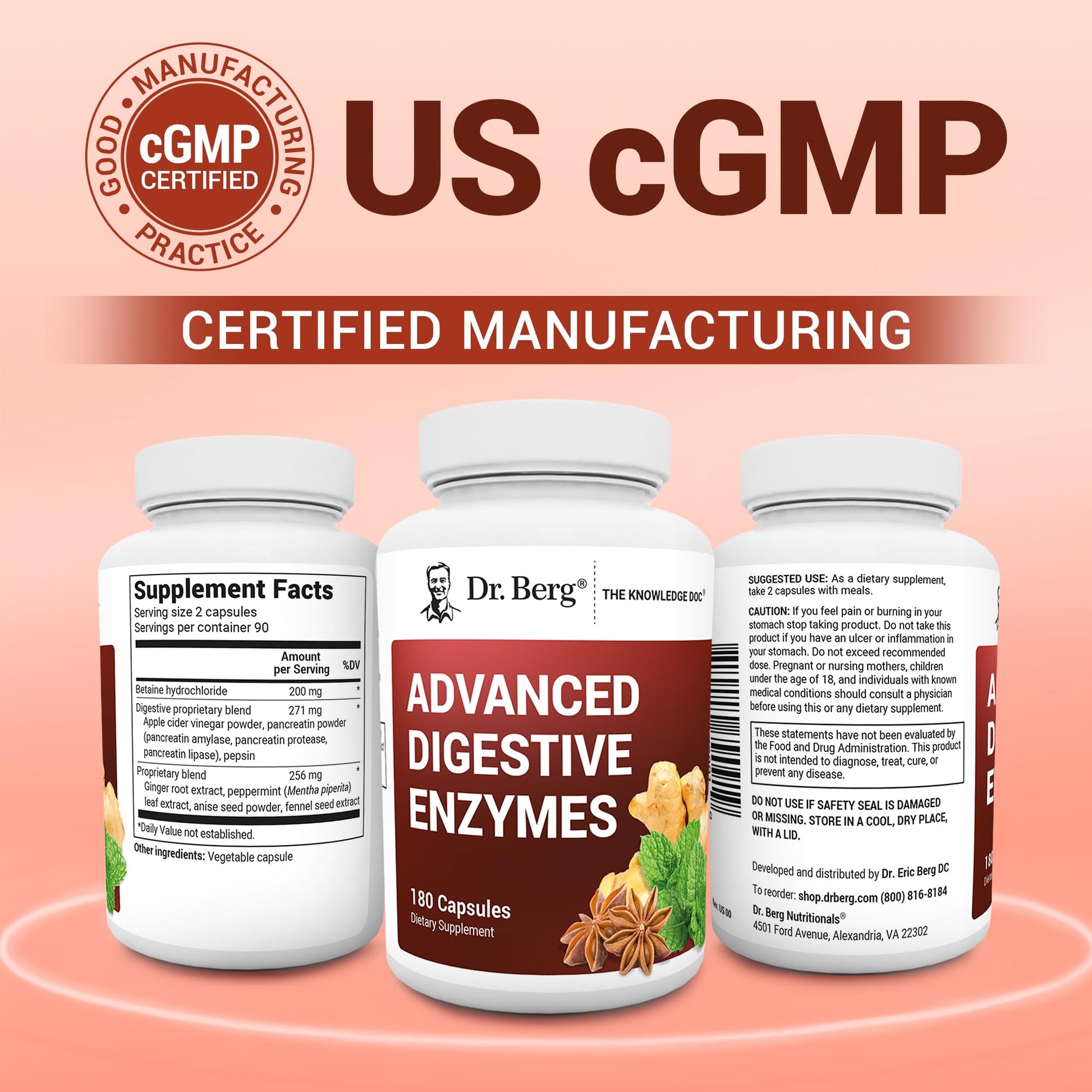 Dr. Berg Advanced Digestive Enzymes with Apple Cider Vinegar - Includes Digestive Health Ingredients Like Betaine Hydrochloride (HCI), Ginger Root & Peppermint Leaf - 180 Capsules Dr. Berg Nutritionals Au supplements