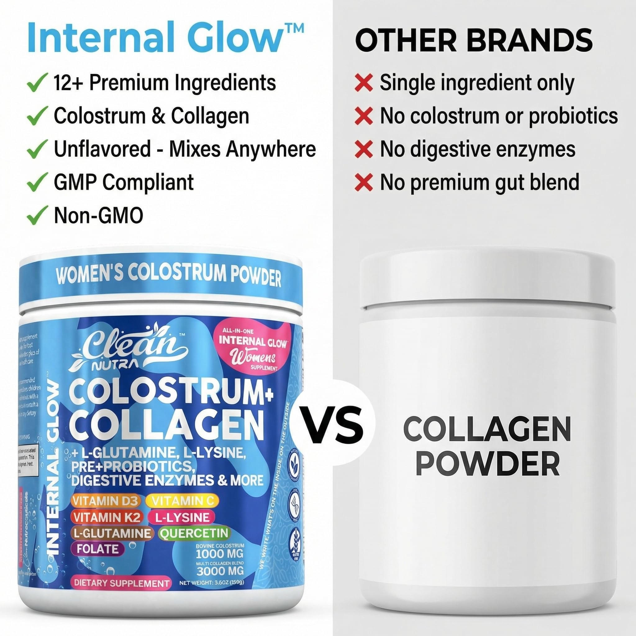 Bovine Colostrum Powder + Collagen Peptides with L-Glutamine L-Lysine Prebiotics Probiotics Digestive Enzymes Vitamin D K2 C Quercetin & Folate | Gut Health Supplement Internal Glow By Clean Nutra Clean Nutraceuticals Au supplements