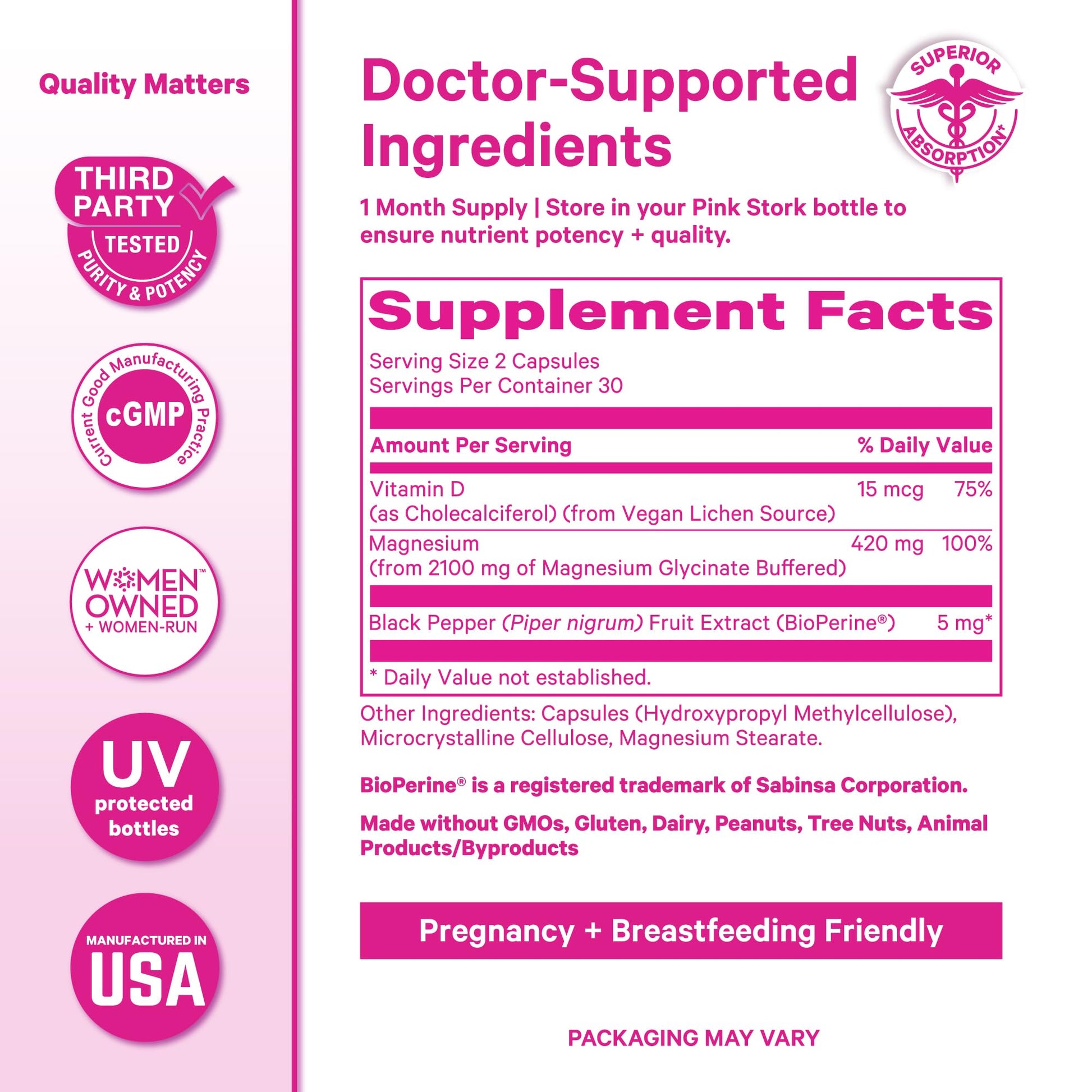 Pink Stork Magnesium Glycinate with Vitamin D - Magnesium Supplement for Women to Support Natural Calm, Mood, and Sleep - Hormone Balance for Women - 60 Capsules, 1 Month Supply Pink Stork Au supplements