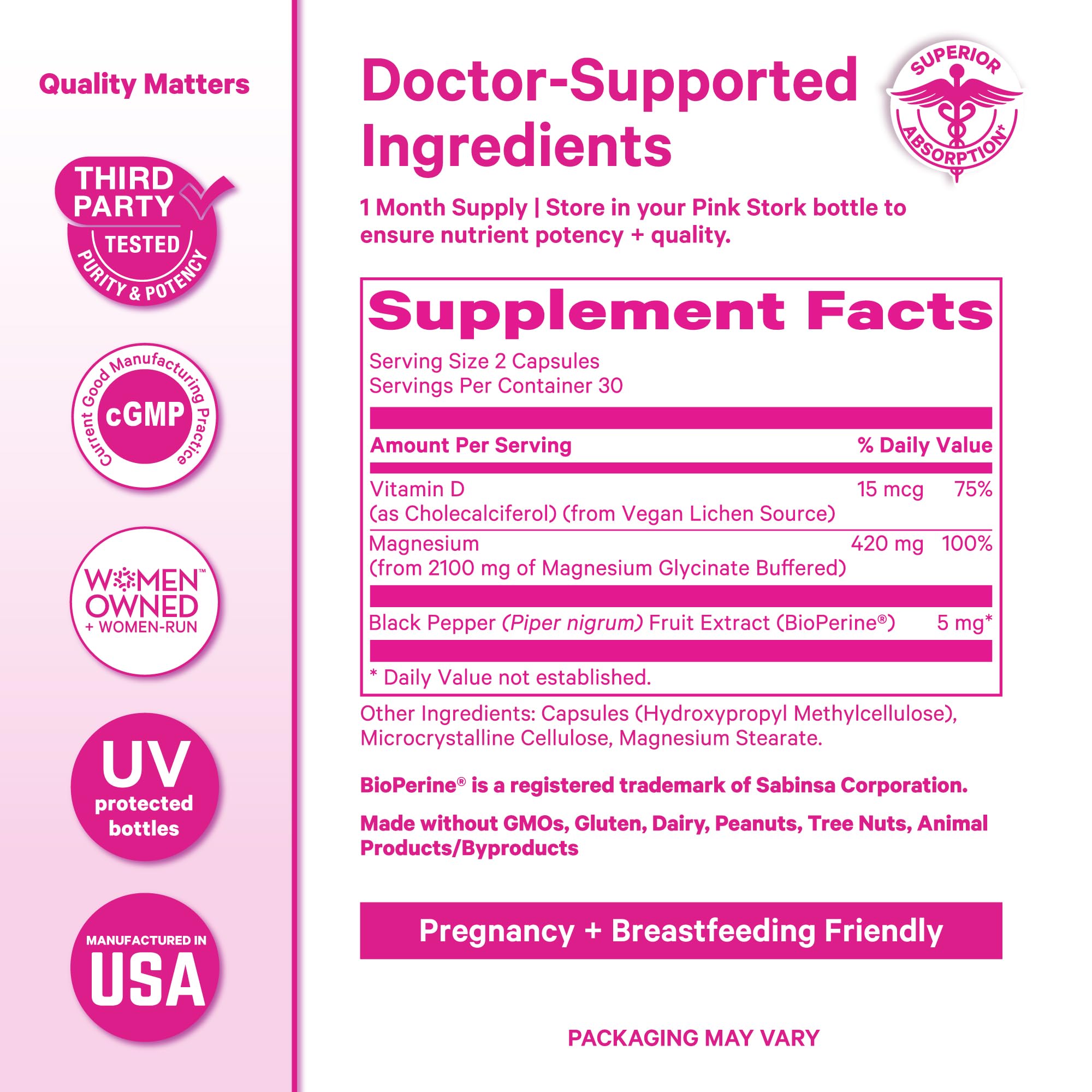 Pink Stork Magnesium Glycinate with Vitamin D - Magnesium Supplement for Women to Support Natural Calm, Mood, and Sleep - Hormone Balance for Women - 60 Capsules, 1 Month Supply Pink Stork Au supplements