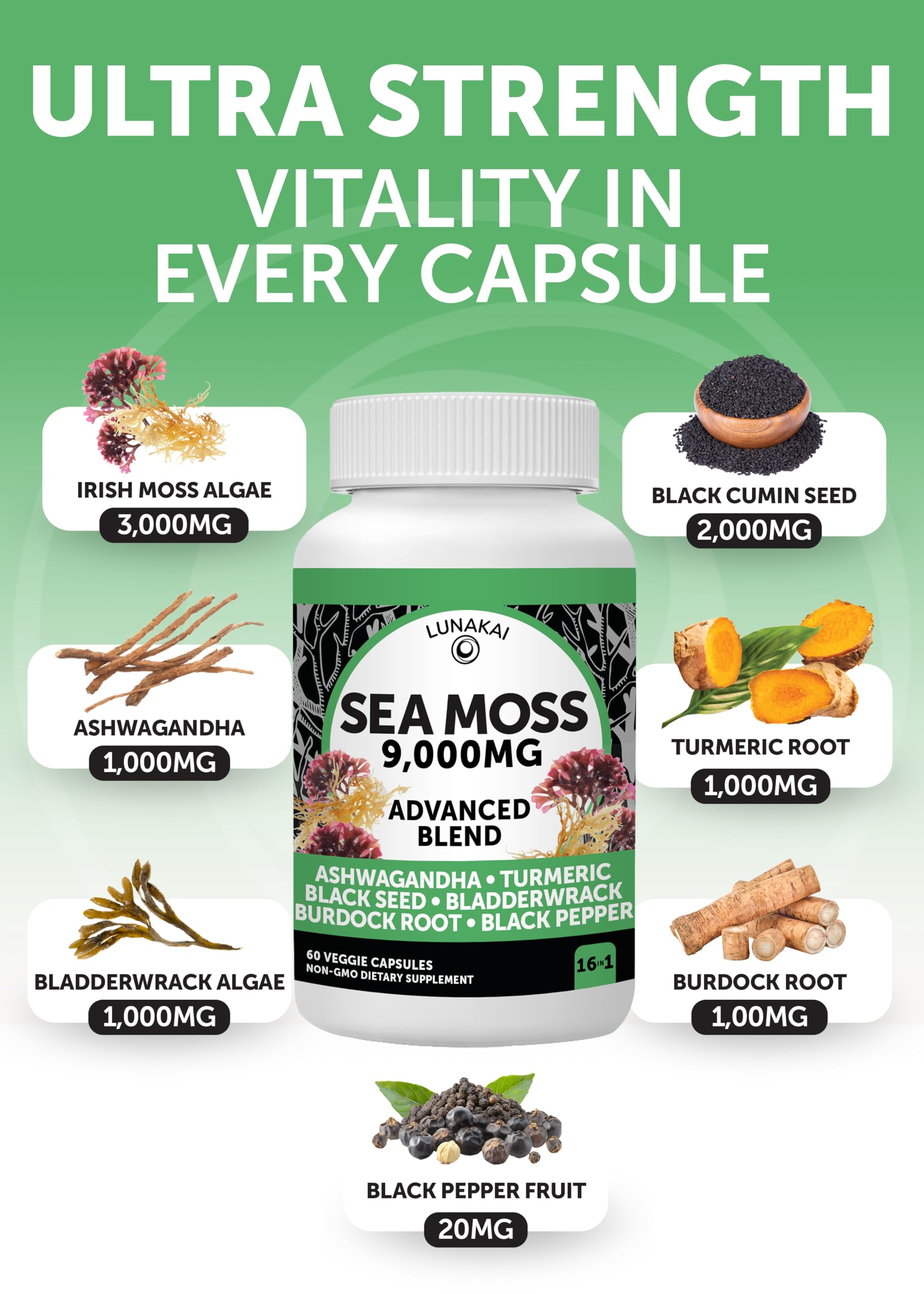 Lunakai USA Made Moringa & Sea Moss Capsules Bundle – 6-in-1 & 16-in-1 Advanced Blends – 60 Non-GMO Veggie Capsules Each Lunakai Au supplements