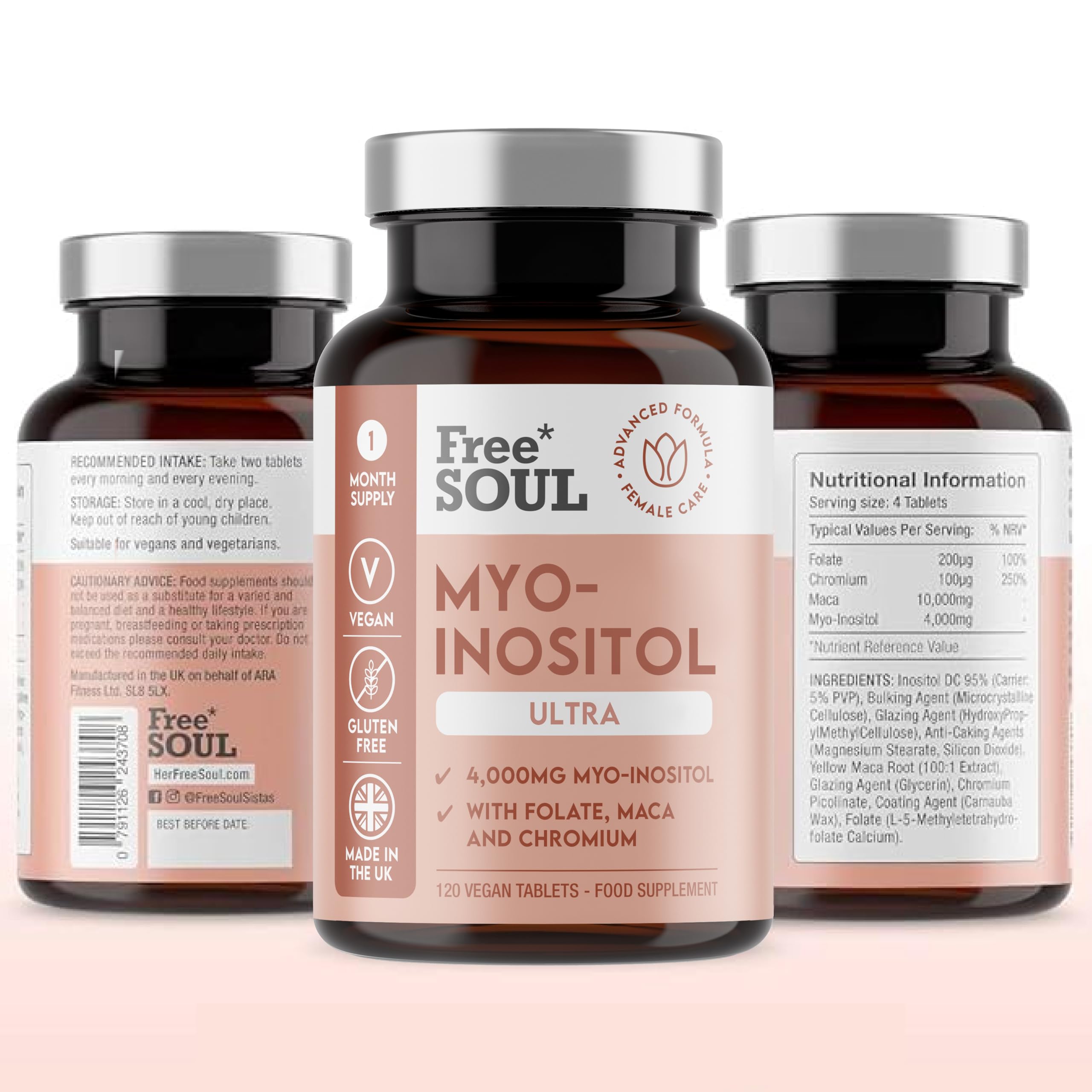 Free Soul Myo-Inositol Ultra Supplement with 4,000mg Myo-Inositol, 200ug Folate, 100ug Free Soul Au supplements