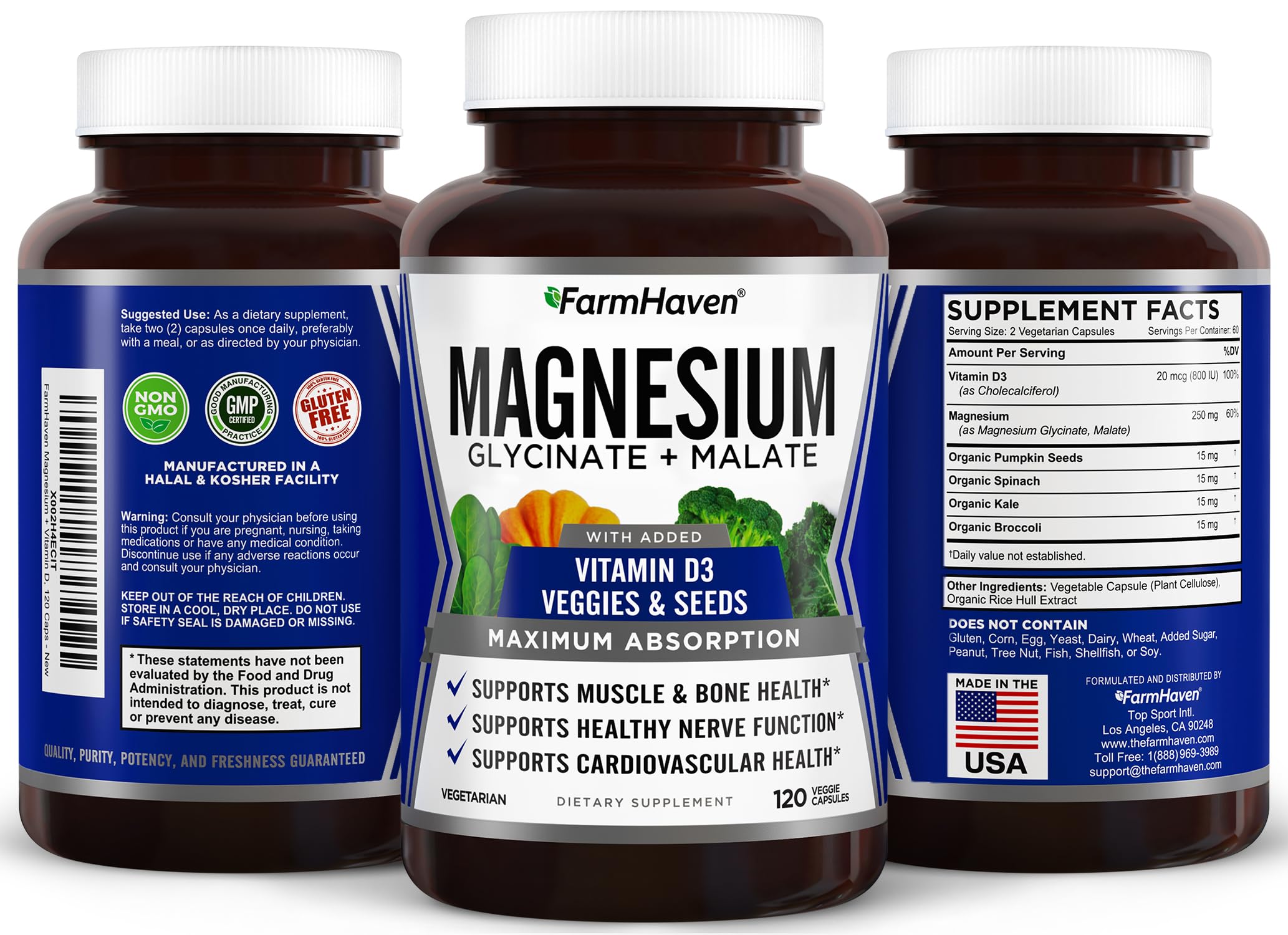 FarmHaven Magnesium Complex –Magnesium Glycinate & Malate w/Vitamin D3, 100% Chelated for Max Absorption, Vegetarian – Bone Health, Nerves, Muscles, 120 Capsules, 60 Days FarmHaven Au supplements