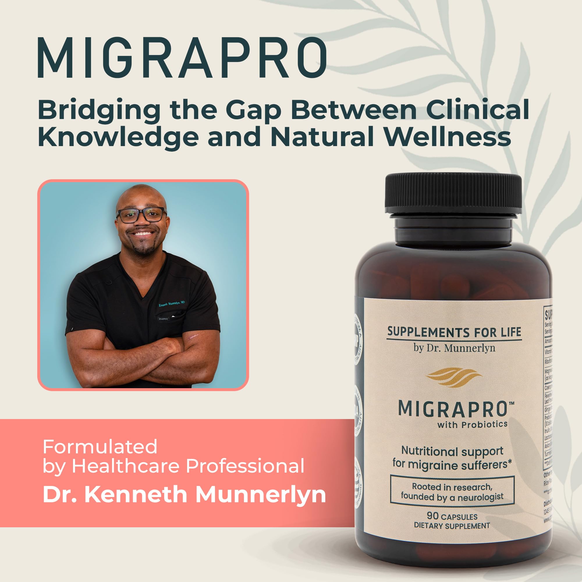 Dr. Munnerlyn MigraPro with Probiotics, Brain and Gut Health Support Supplement with Magnesium, Riboflavin, CoQ10, Ginger Root, Asian Ginseng, Vitamin C, Feverfew & Turmeric, Gluten Free, 90 Capsules Dr. Munnerlyn Au supplements