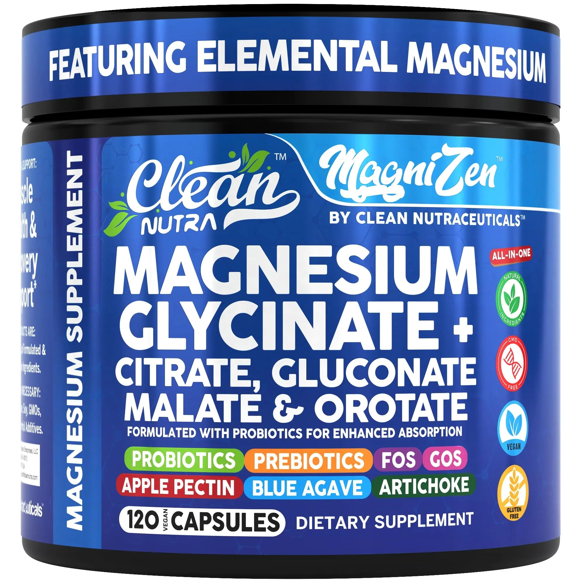 Clean Nutra Magnesium Glycinate Citrate Malate Orotate Taurate Supplement Complex + 10 Strain Probiotic Prebiotics FOS GOS Inulin Sleep Calm Support Apple Pectin – 120 Vegan Capsules Clean Nutraceuticals Au supplements