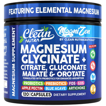 Clean Nutra Magnesium Glycinate Citrate Malate Orotate Taurate Supplement Complex + 10 Strain Probiotic Prebiotics FOS GOS Inulin Sleep Calm Support Apple Pectin – 120 Vegan Capsules Clean Nutraceuticals Au supplements