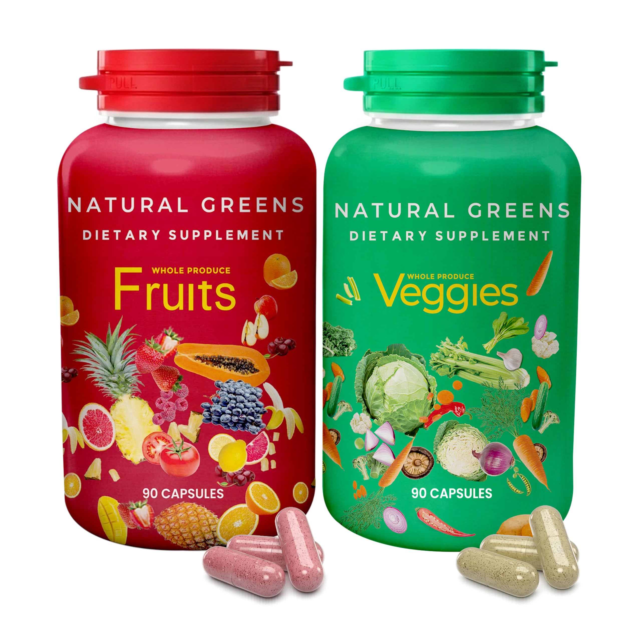 Fruits and Veggies Whole Produce Dietary Supplement with Superfood Fruits and Vegetables for Men, Women and Kids, 90 Fruit Capsules, 90 Veggie Capsules - 1 Set NATURAL GREENS Au supplements