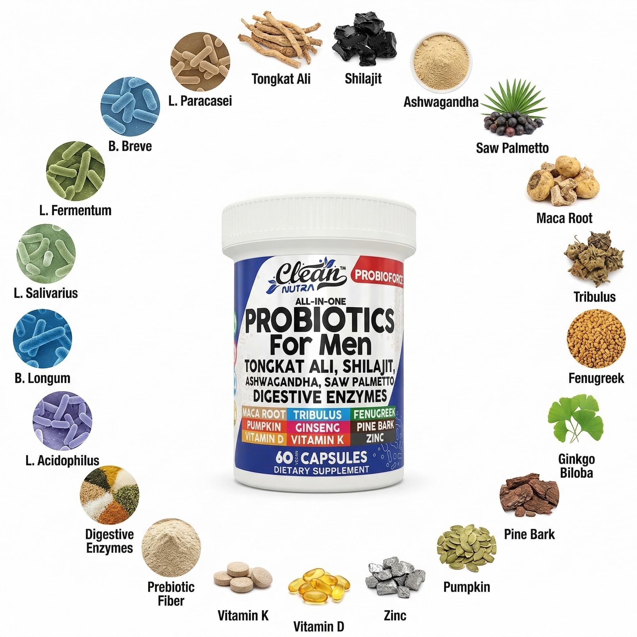 Clean Nutra Probiotics for Men | Tongkat Ali, Saw Palmetto, Tribulus, Ginseng, Ashwagandha, Maca, Pumpkin, Gingko Biloba, Pine Bark, Fenugreek, Shilajit, Zinc - Mens Probiotic 60 Capsules Clean Nutraceuticals Au supplements