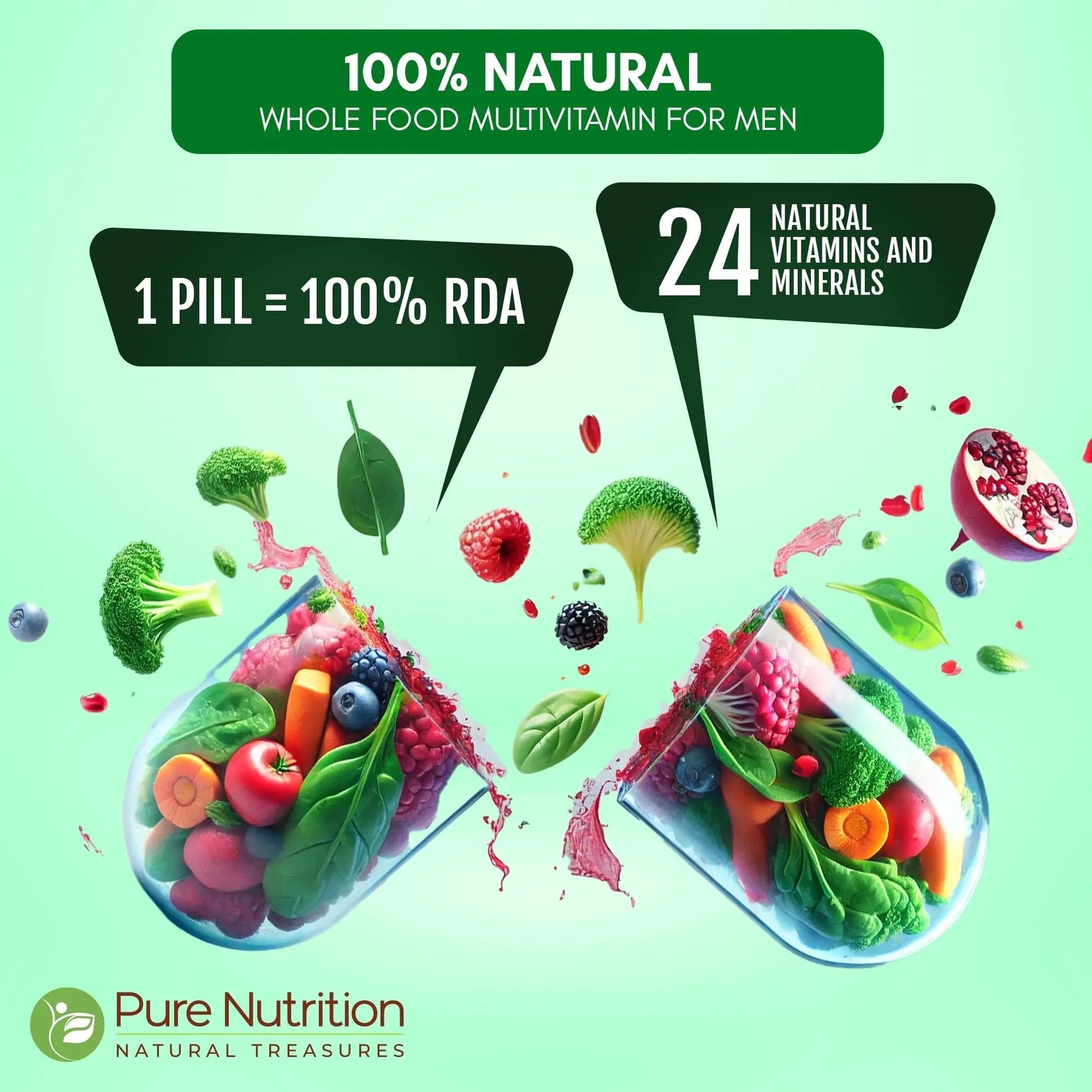 Pure Nutrition Whole Food Multivitamins for Men | 90 Tabs | One-A-Day | 100% RDA | 24 Natural Vitamins and Minerals | PURE NUTRITION NATURAL TREASURES Au supplements