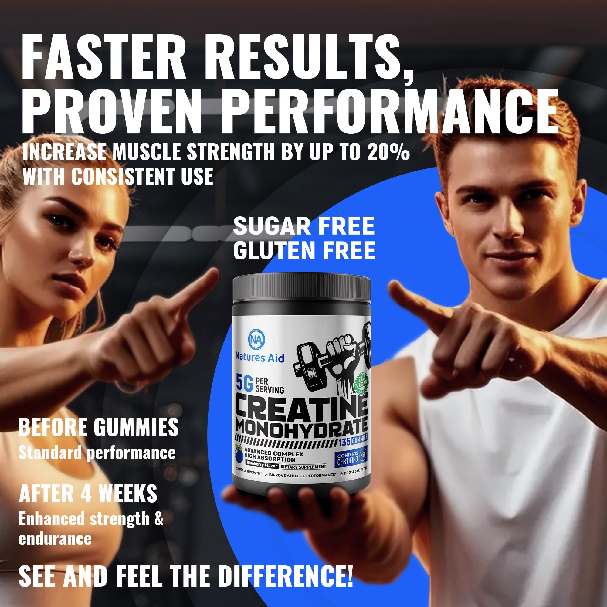 Natures Aid NSF Certified Creatine Gummy 5g - Creatine Monohydrate Gummies – Pre-Workout Energy & Muscle Growth Support for Men & Women | Blueberry Electrolyte Gummies (135 Count) Natures Aid Au supplements