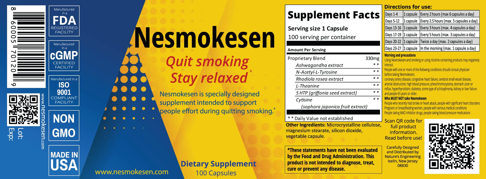 Nesmokesen - Quit Smoking Stay Relaxed, (100 Capsules / 27 Days Supply) Nature's Engineering Au supplements