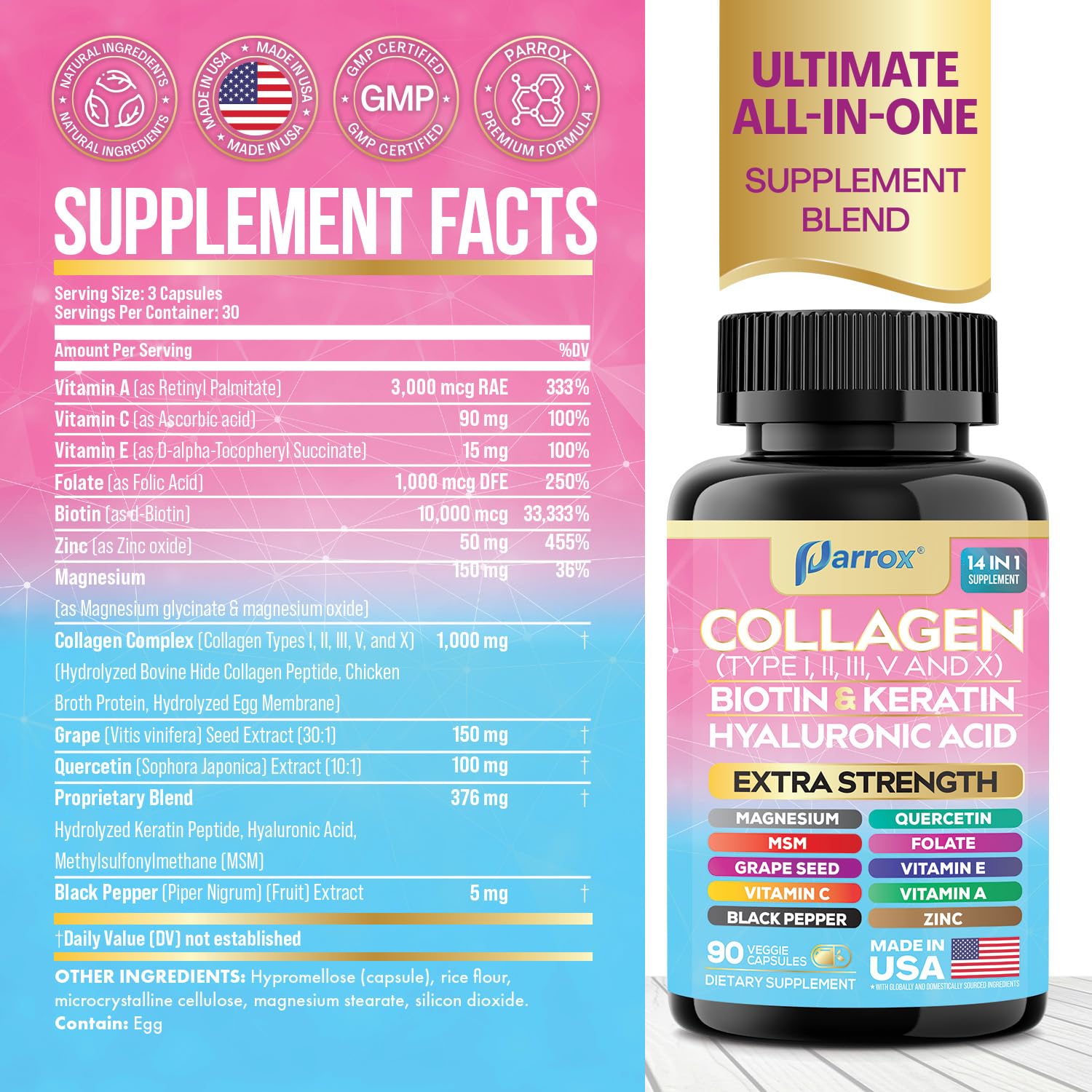 Parrox Collagen Peptides Types I, II, III, V & X, MCG Biotin, Keratin, Hyaluronic Acid, MSM, Zinc, Grape Seed Extract, Quercetin, Vitamin A, Vitamin C, Vitamin E, Magnesium, Folic Acid (90 Capsules) Parrox Au supplements