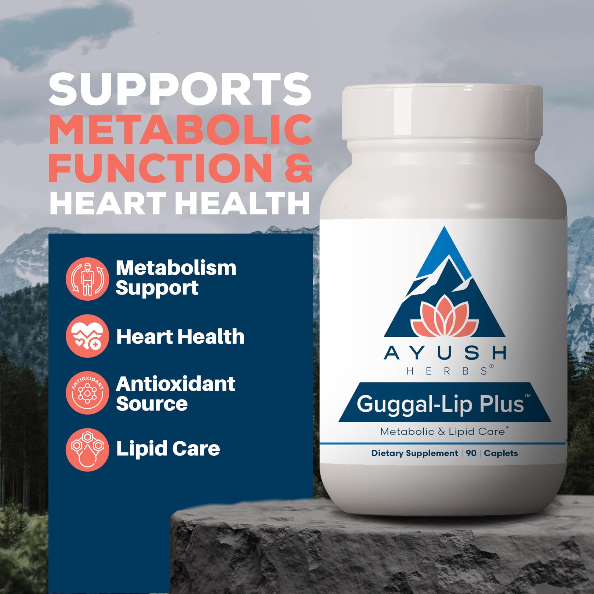 Ayush Herbs Guggal-Lip Plus - Metabolic Vitamins for Women & Men, Daily Pill, Pure & Natural Metabolic Health Supplement with Guggul - 90 Vegetarian Caplets (1 Count) Ayush Herbs Au supplements