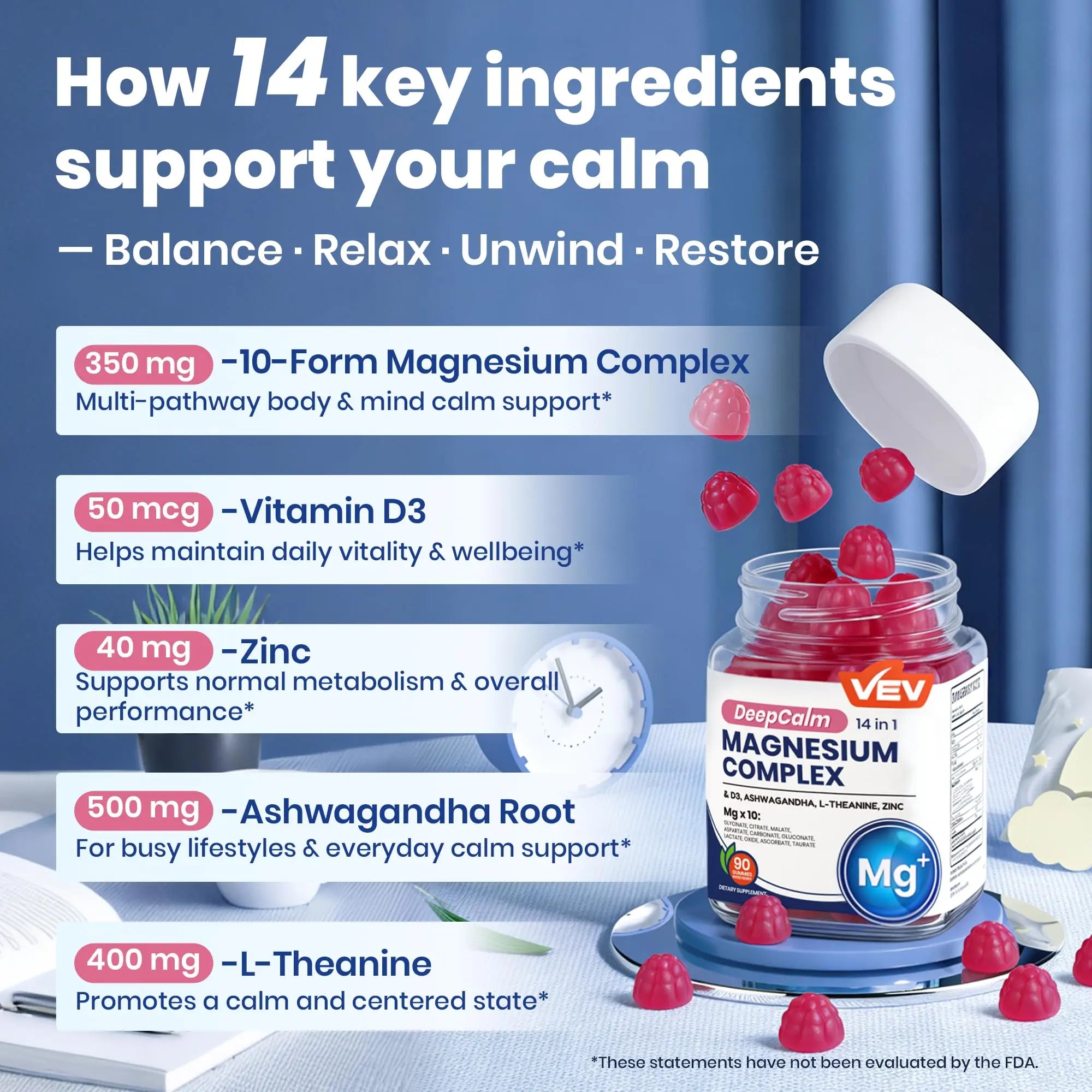 VEV Deep Calm Magnesium Complex 14-in-1 Gummies – 90 Count (Pack of 1) – with D3, Ashwagandha, L-theanine, Zinc – Magnesium Complex for Women and Men – No Added Sugar Vegan Magnesium Glycinate Gummies VEV Au supplements