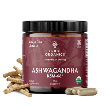 TRIBE ORGANICS Ashwagandha KSM 66 Pure Organic Root Powder Extract Ayurvedic Supplement - Focus, Mood Support, Increase Energy, Strength, 600mg of Natural KSM66 for Superior Absorption - 120 Capsules TRIBE ORGANICS Au supplements